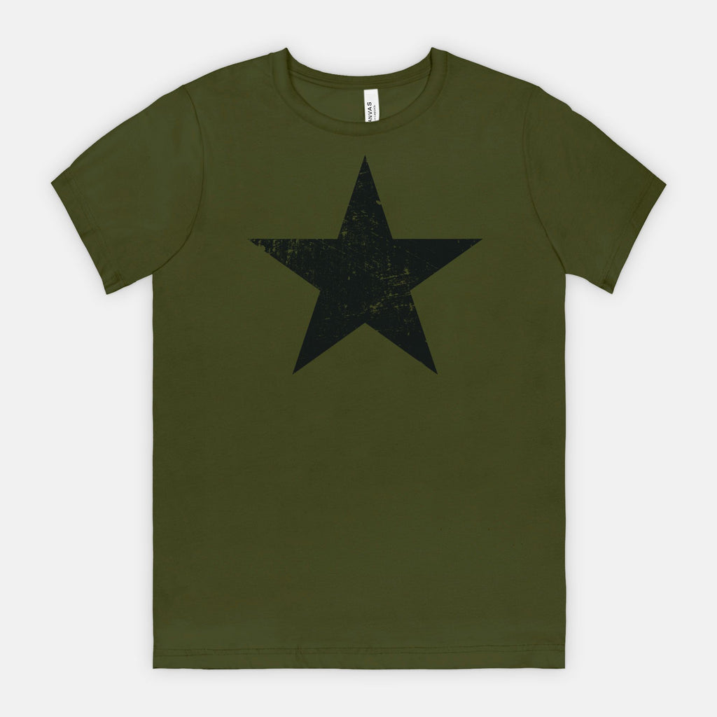 Olive Bella Canvas 3001 T-shirt black distressed star tee designed by Red Rock Chaos.