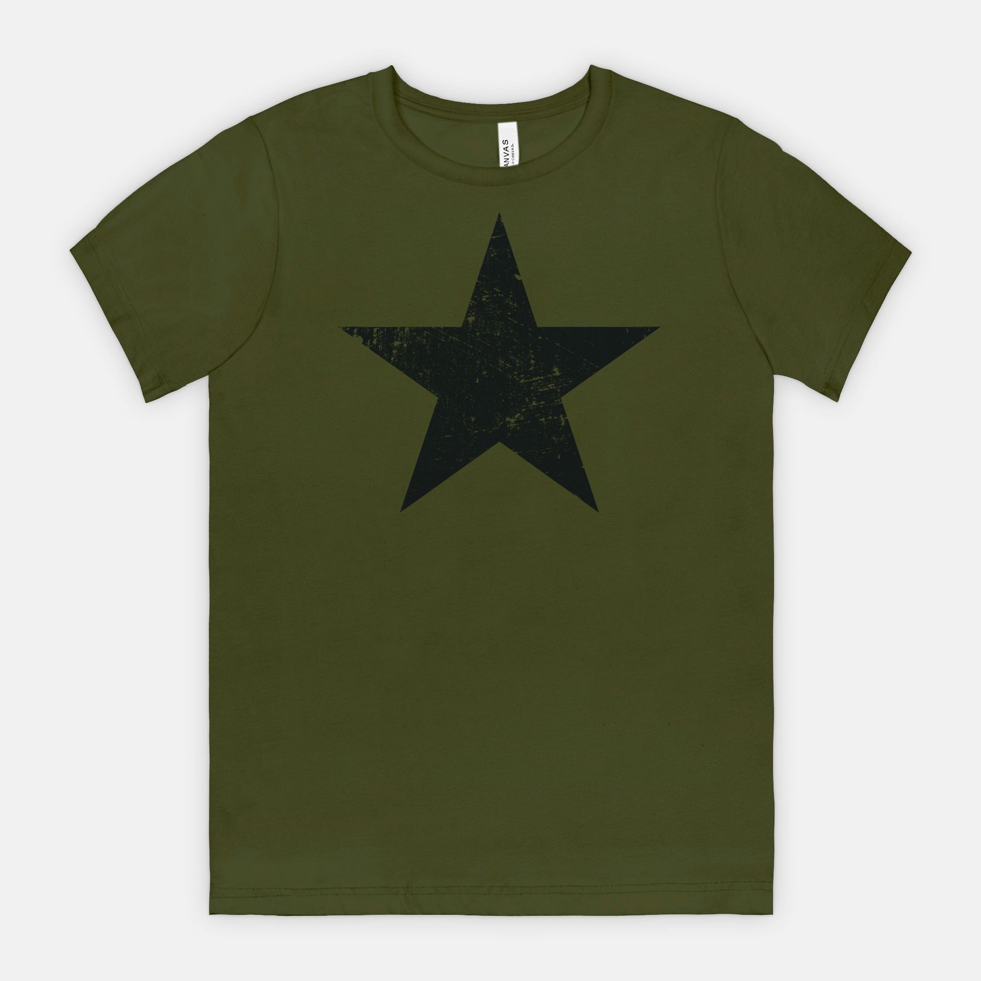 Olive Bella Canvas 3001 T-shirt black distressed star tee designed by Red Rock Chaos.