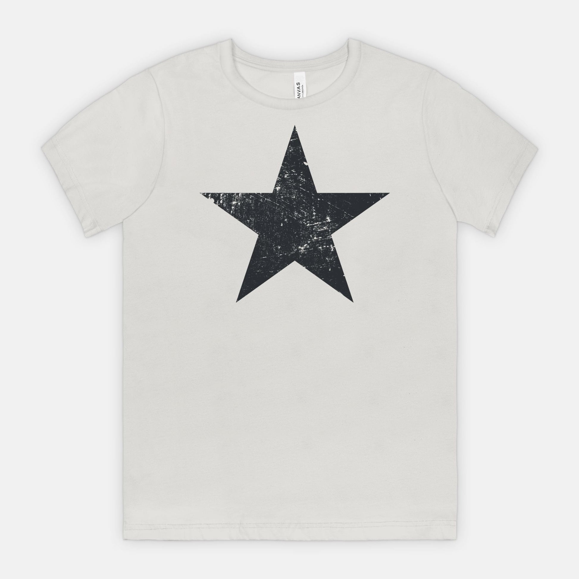 Silver Bella Canvas 3001 T-shirt black distressed star tee designed by Red Rock Chaos.