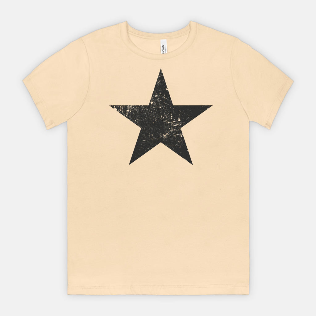 Soft Cream Bella Canvas 3001 T-shirt black distressed star tee designed by Red Rock Chaos.