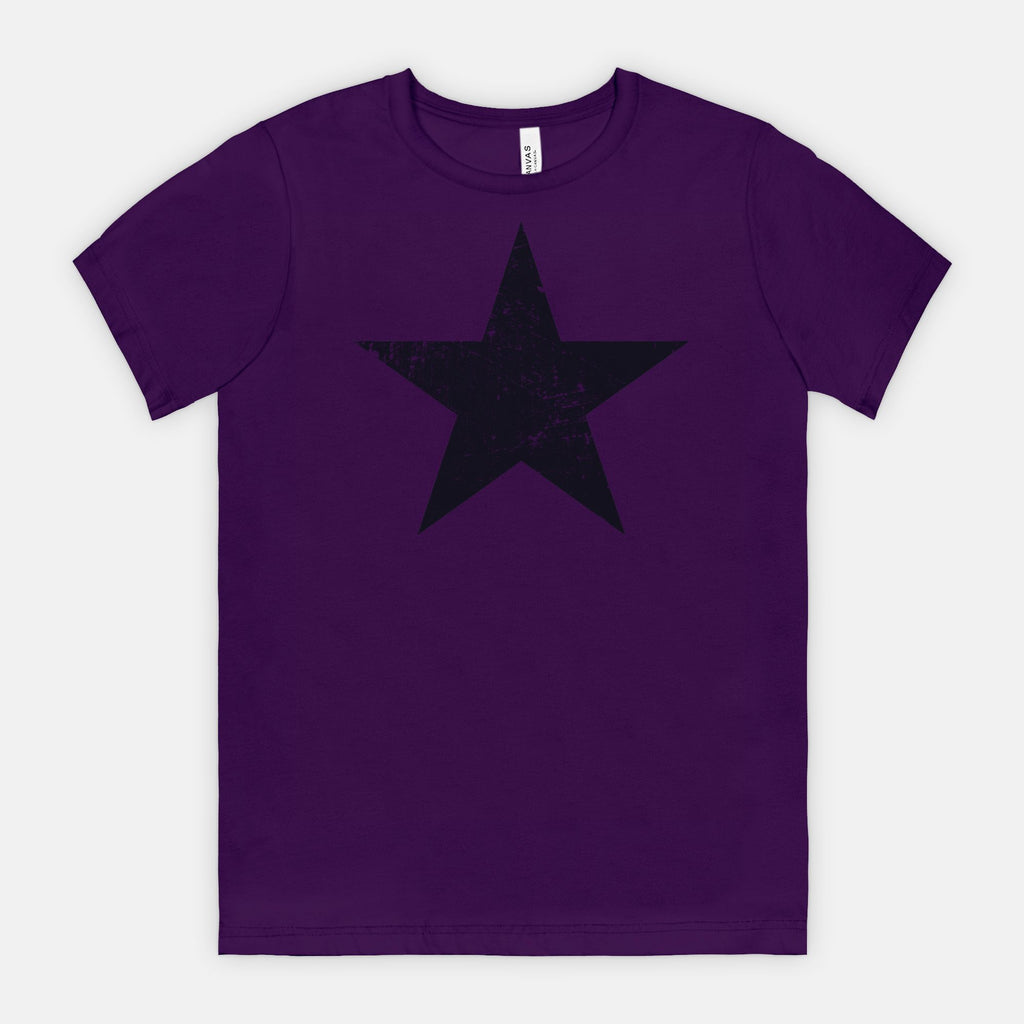 Team Purple Bella Canvas 3001 T-shirt black distressed star tee designed by Red Rock Chaos.