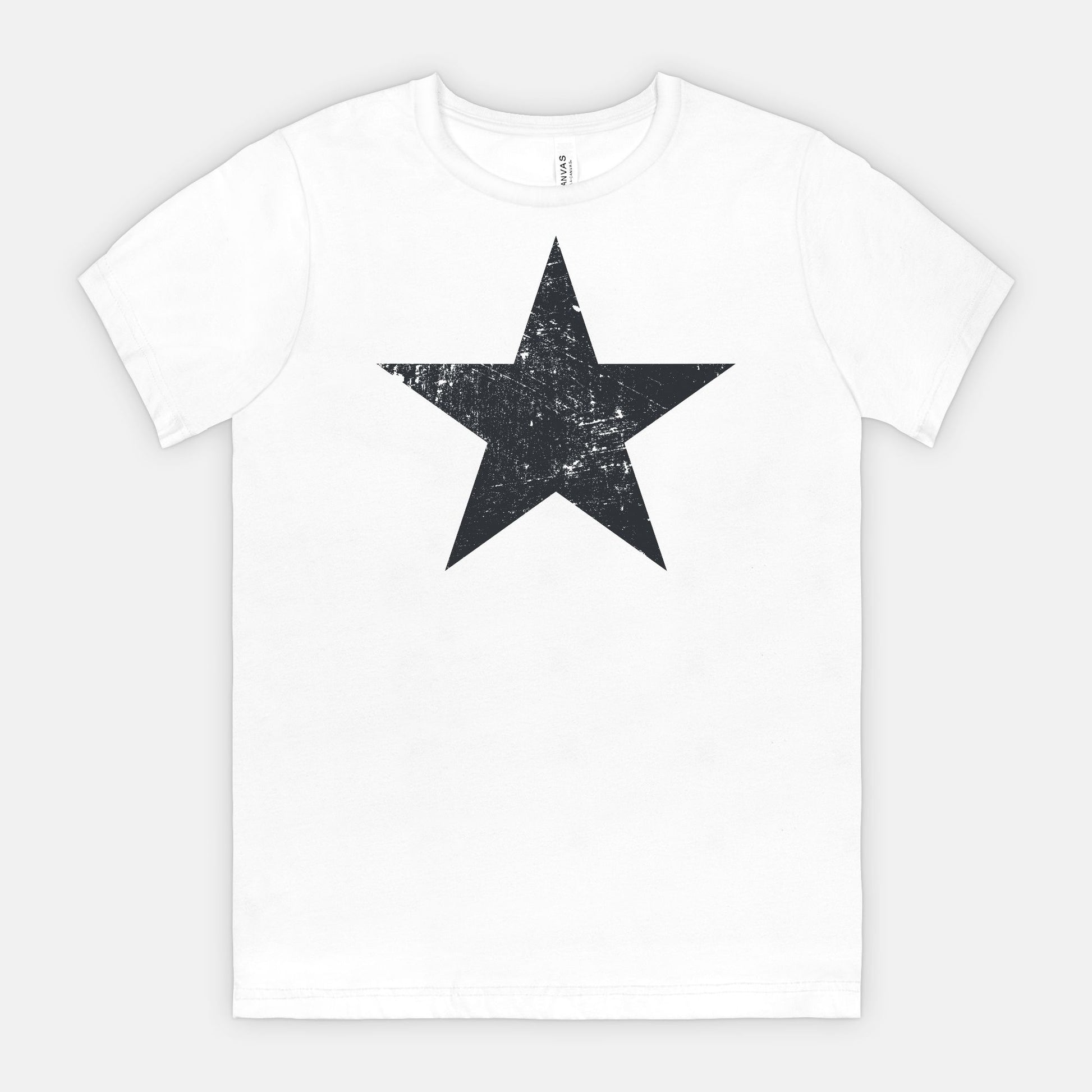 White Bella Canvas 3001 T-shirt black distressed star tee designed by Red Rock Chaos.