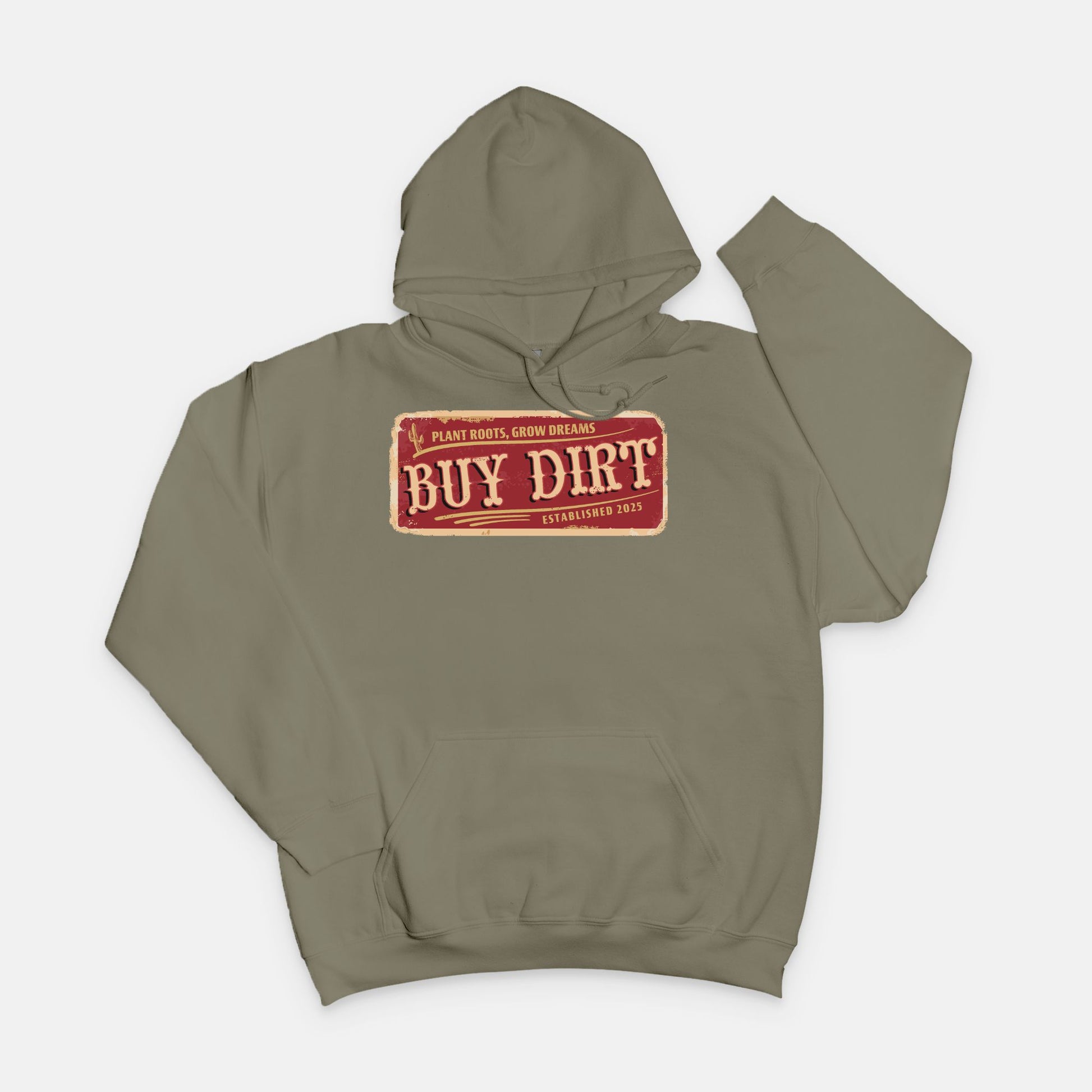 Gildan 18500 Military Green hoodie featuring a distressed red and beige “Buy Dirt” graphic design, inspired by country life and created by Red Rock Chaos.