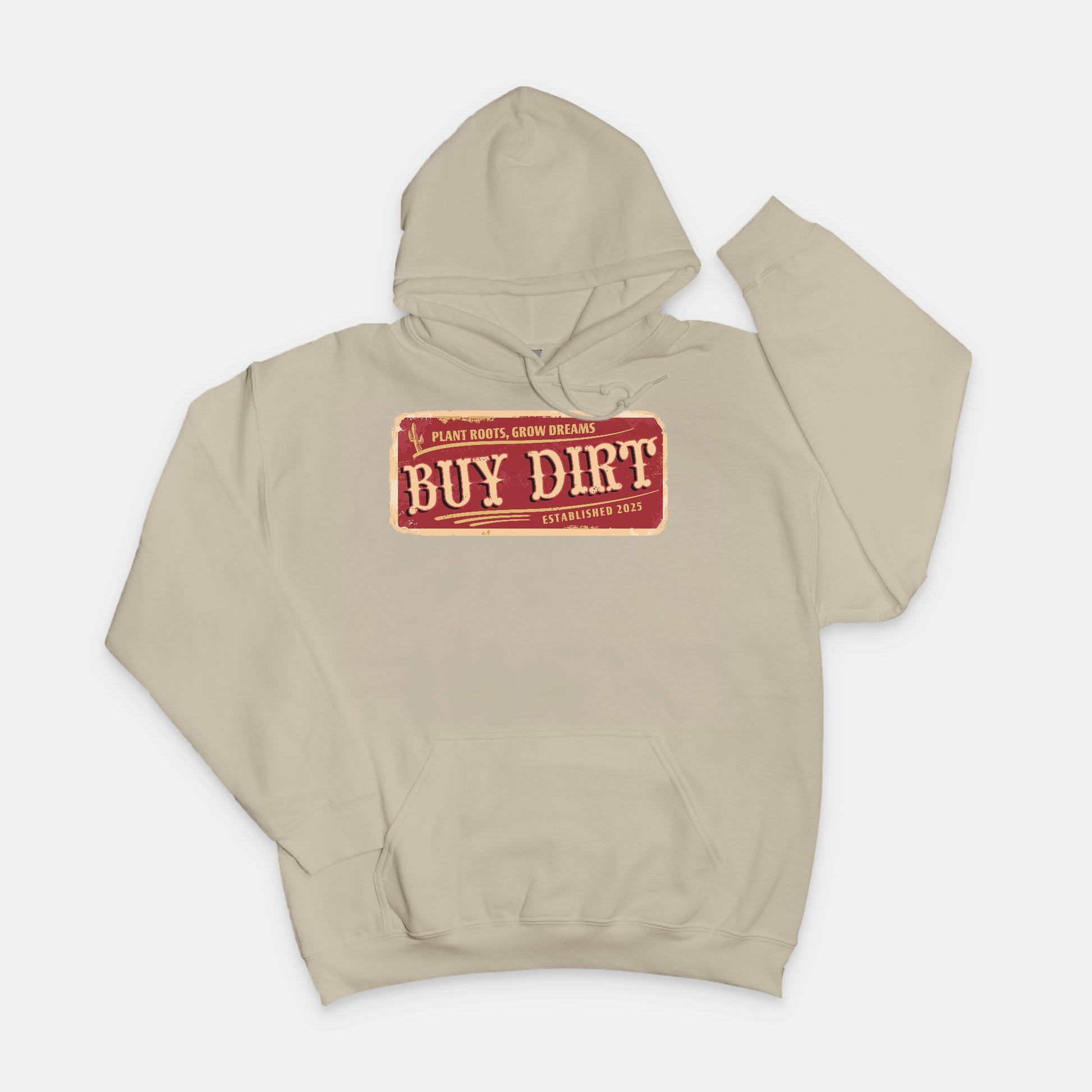 Gildan 18500 Sand hoodie featuring a distressed red and beige “Buy Dirt” graphic design, inspired by country life and created by Red Rock Chaos.