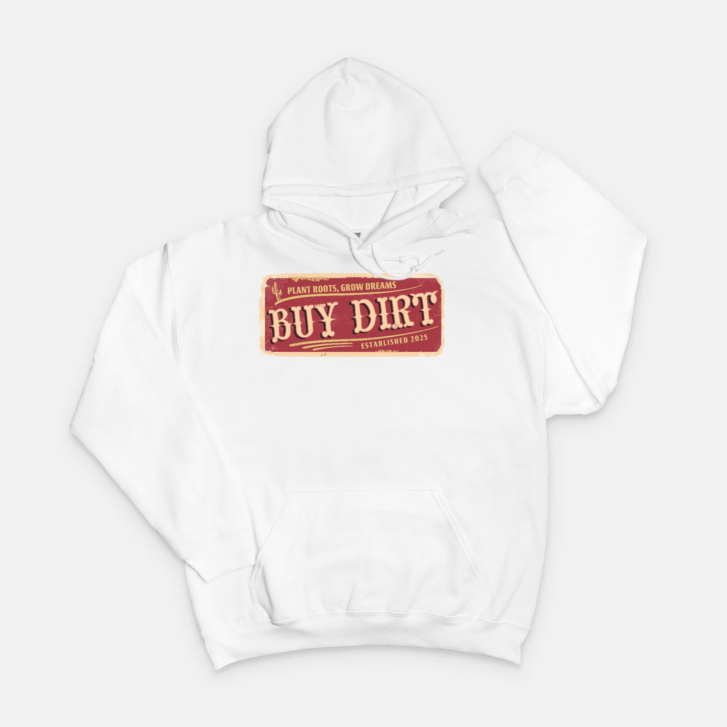 Gildan 18500 white hoodie featuring a distressed red and beige “Buy Dirt” graphic design, inspired by country life and created by Red Rock Chaos.