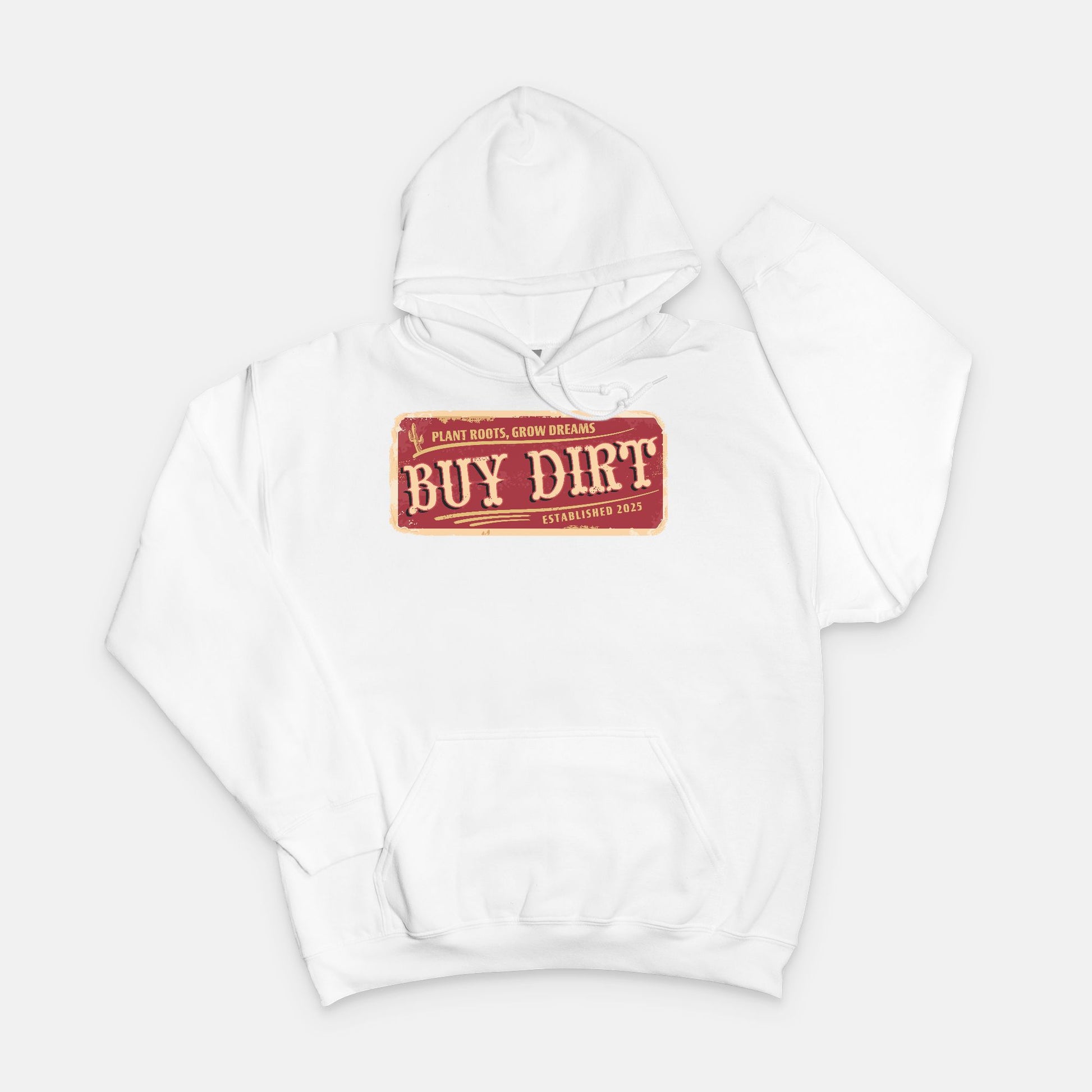 Gildan 18500 white hoodie featuring a distressed red and beige “Buy Dirt” graphic design, inspired by country life and created by Red Rock Chaos.