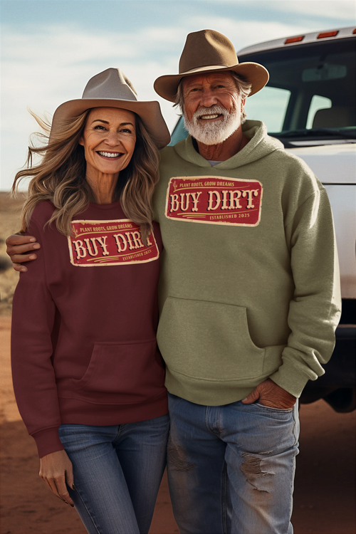 Gildan 18500 maroon and olive green hoodie featuring a distressed red and beige “Buy Dirt” graphic design, inspired by country life and created by Red Rock Chaos.