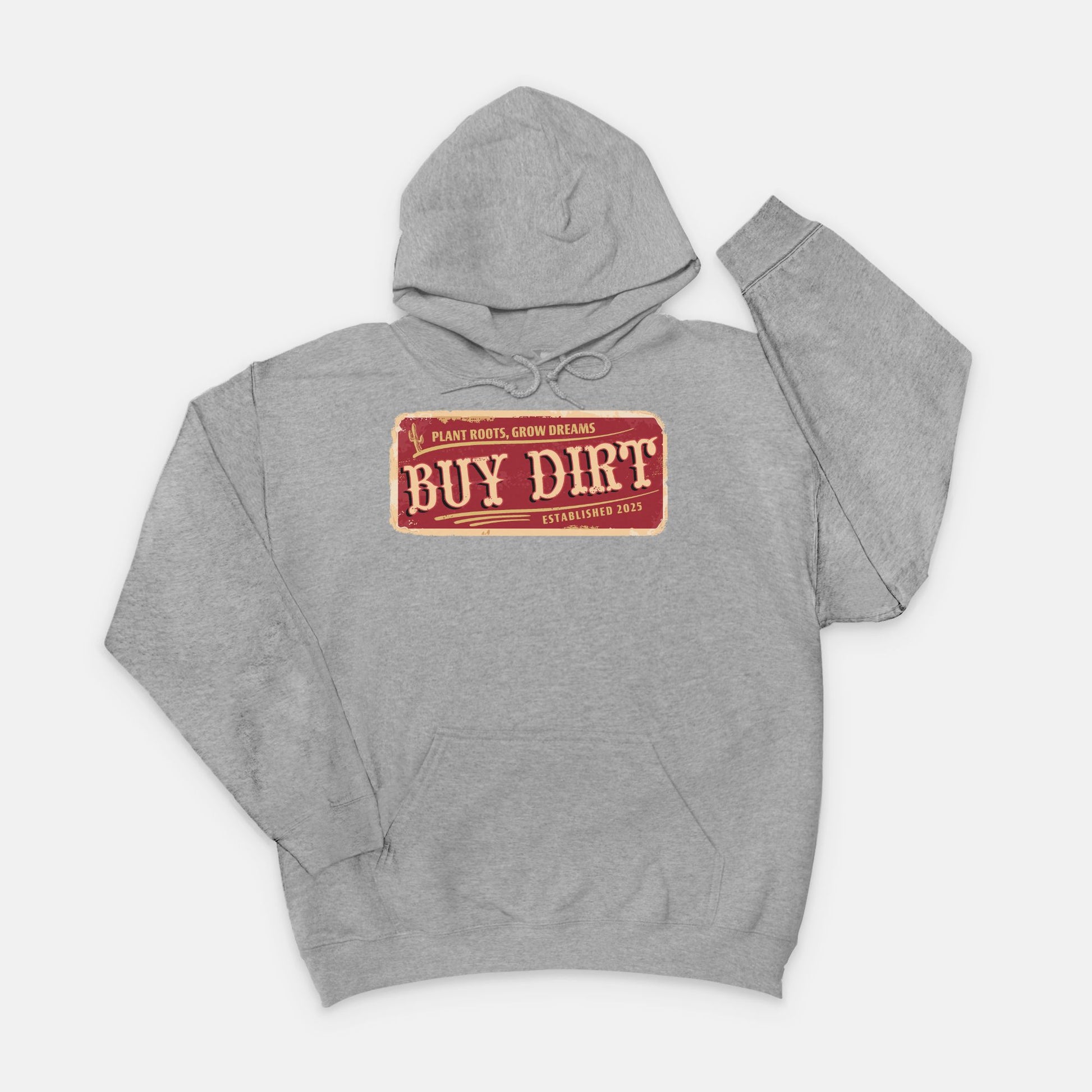 Gildan 18500 gray hoodie featuring a distressed red and beige “Buy Dirt” graphic design, inspired by country life and created by Red Rock Chaos.