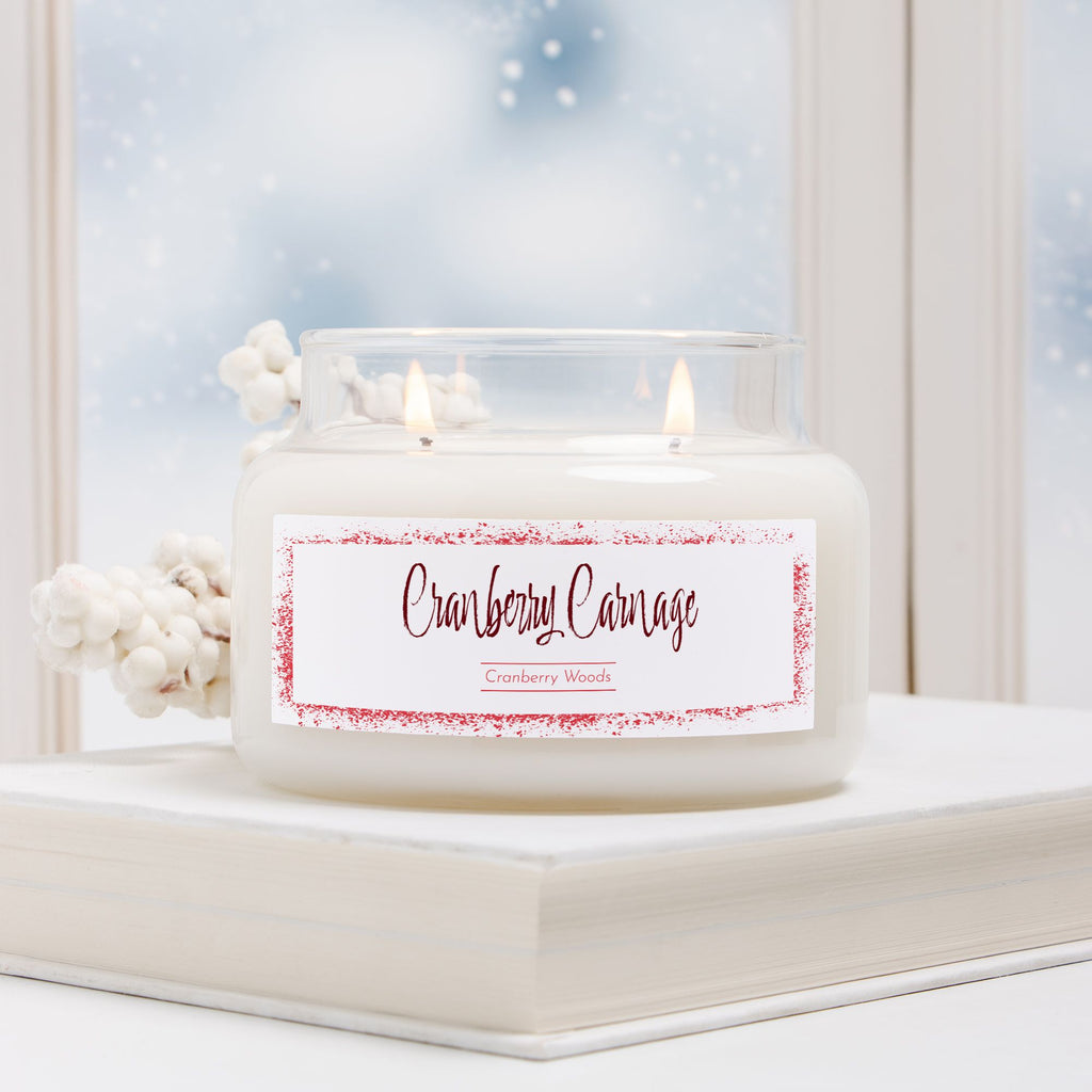 Cranberry Carnage – Cranberry Woods soy candle, 50-hour burn. Hand-poured USA chaos candle in glass jar with gold lid, designed by Red Rock Chaos.