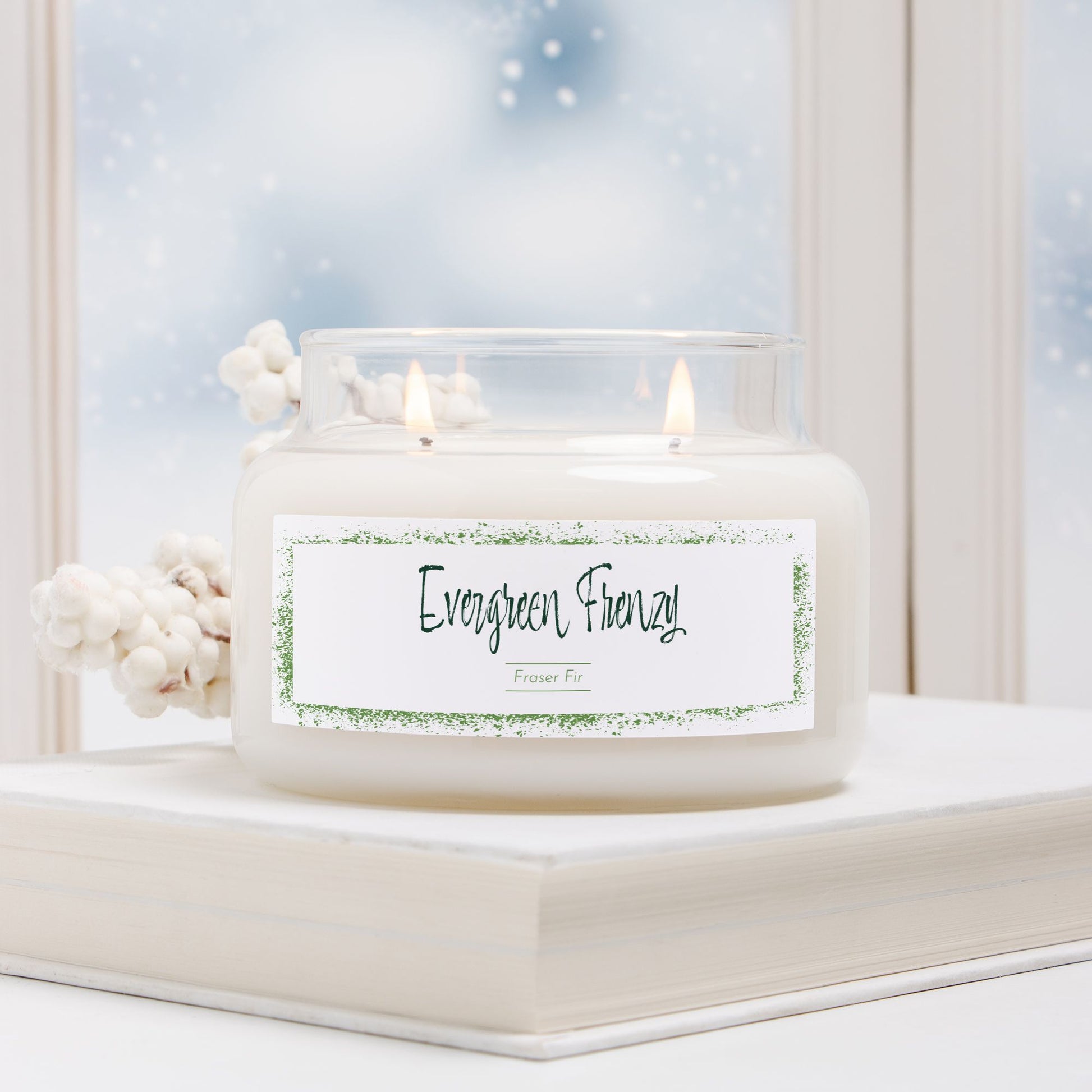 Evergreen Frenzy - Fraser fir soy candle, 50-hour burn. Hand-poured USA chaos candle in glass jar with gold lid, designed by Red Rock Chaos.
