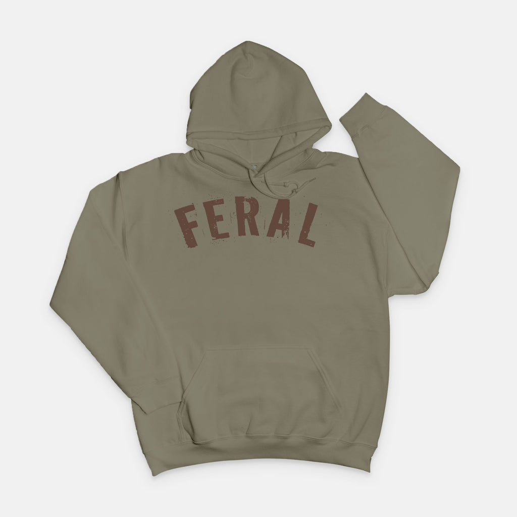 Gildan 18500 Military Green hoodie featuring the word “FERAL” in bold distressed brown lettering, designed by Red Rock Chaos for a minimalist wild-at-heart style.