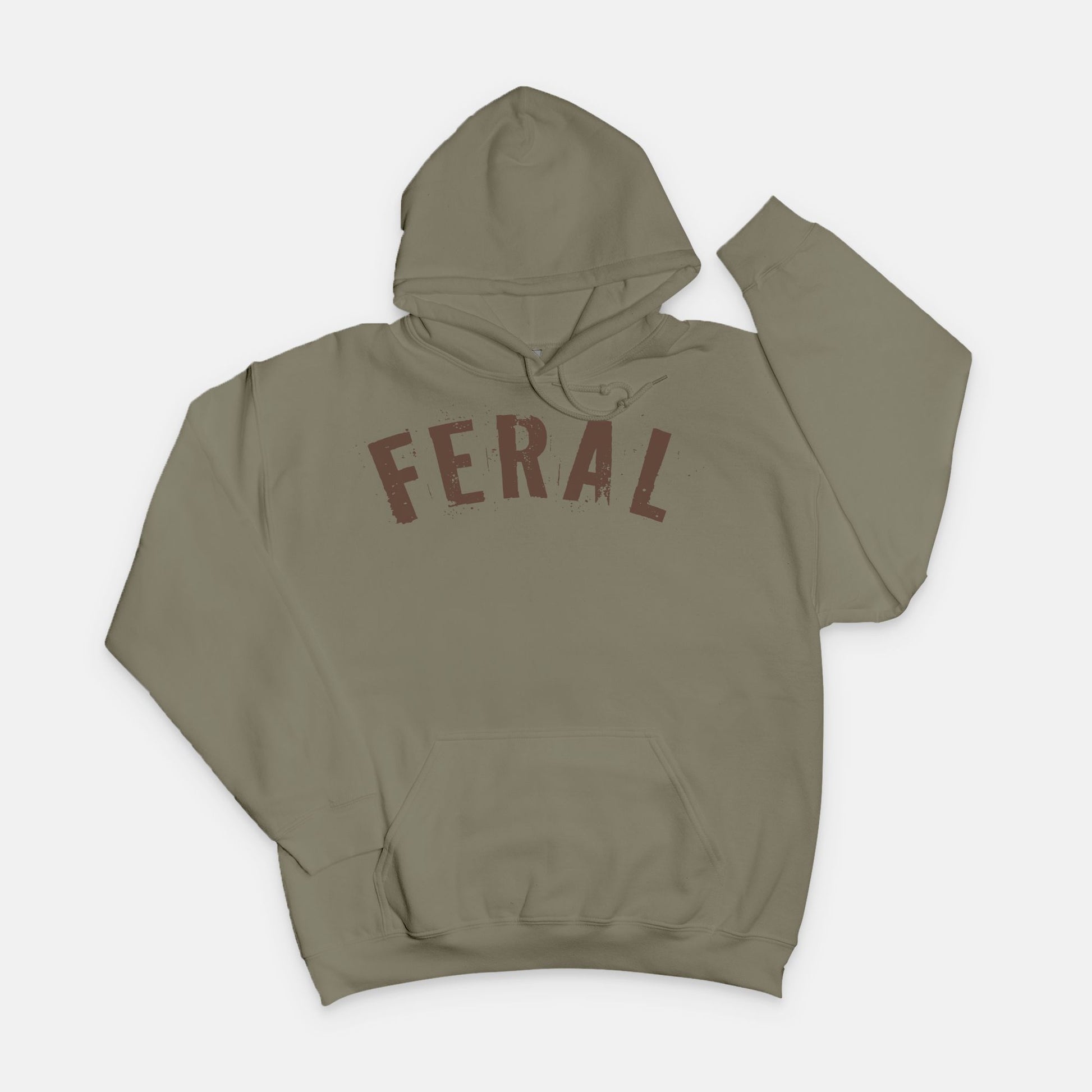 Gildan 18500 Military Green hoodie featuring the word “FERAL” in bold distressed brown lettering, designed by Red Rock Chaos for a minimalist wild-at-heart style.
