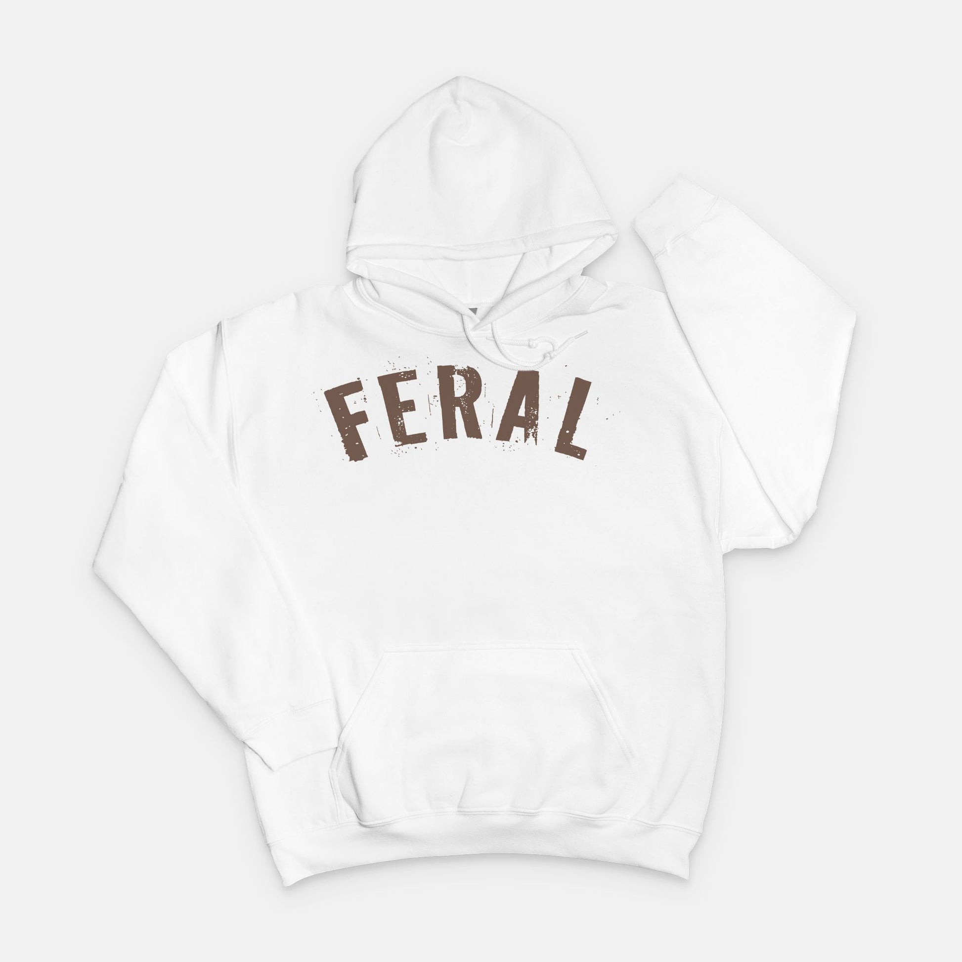 Gildan 18500 White hoodie featuring the word “FERAL” in bold distressed brown lettering, designed by Red Rock Chaos for a minimalist wild-at-heart style.