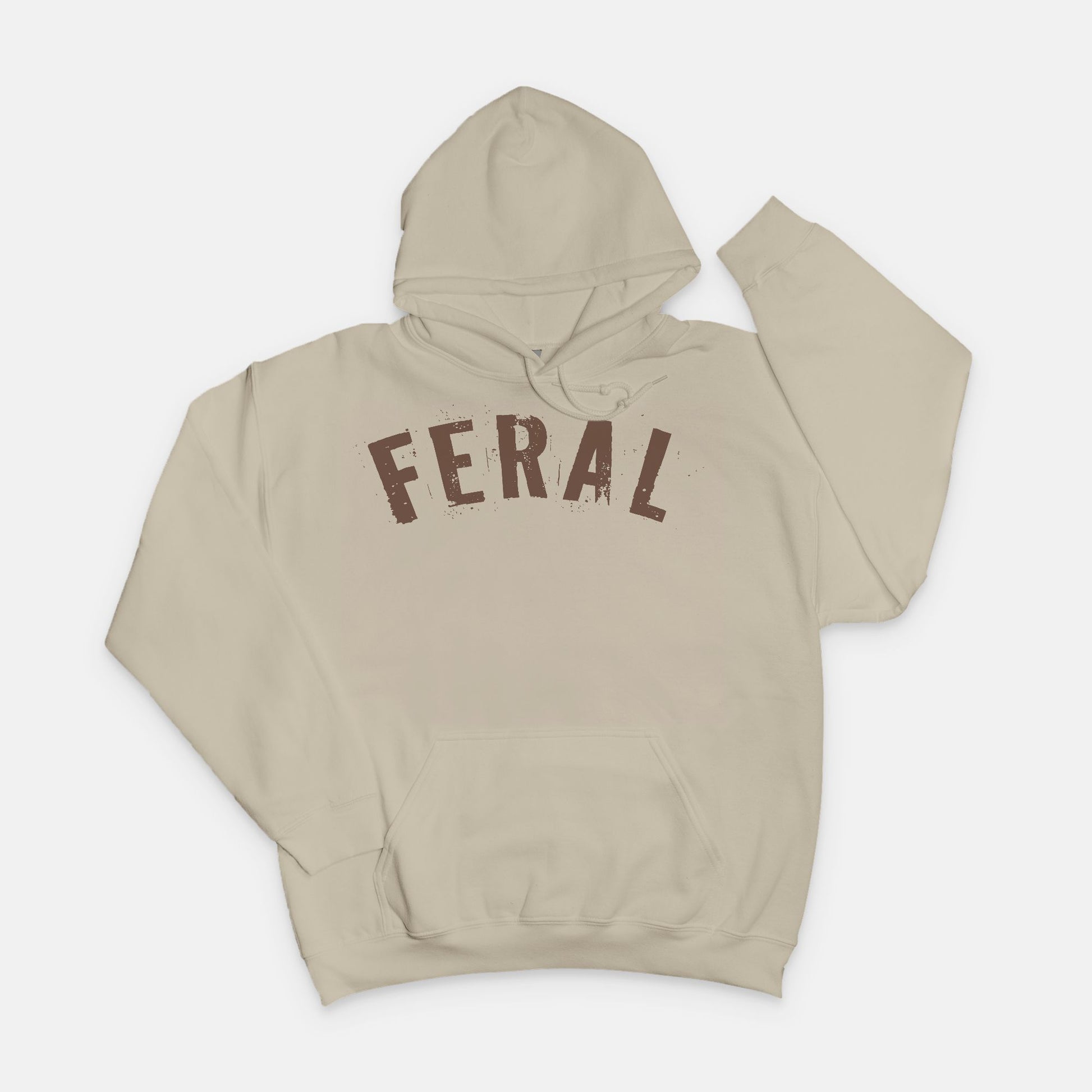 Gildan 18500 sand hoodie featuring the word “FERAL” in bold distressed brown lettering, designed by Red Rock Chaos for a minimalist wild-at-heart style.