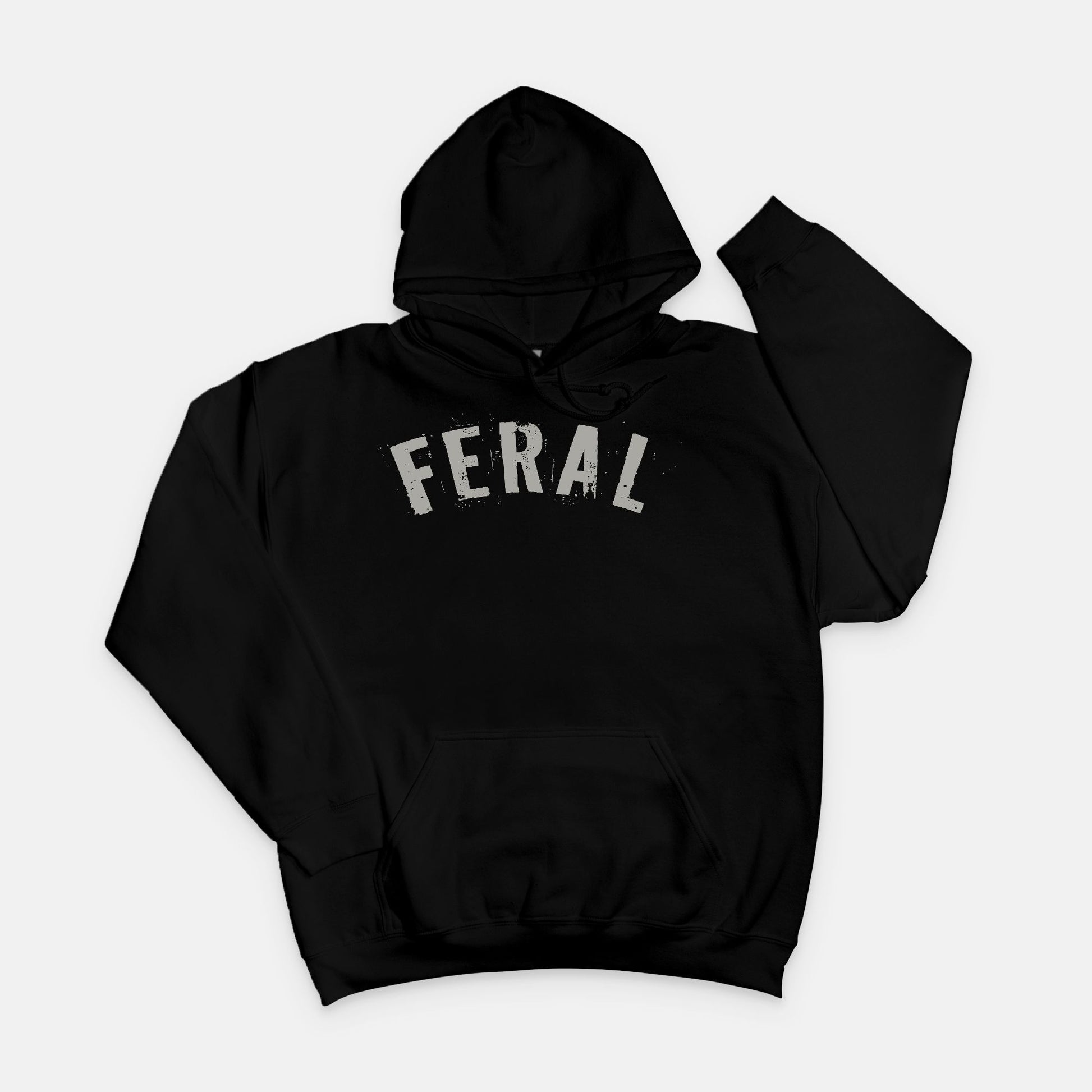 Gildan 18500 Black hoodie featuring the word “FERAL” in bold distressed brown lettering, designed by Red Rock Chaos for a minimalist wild-at-heart style.