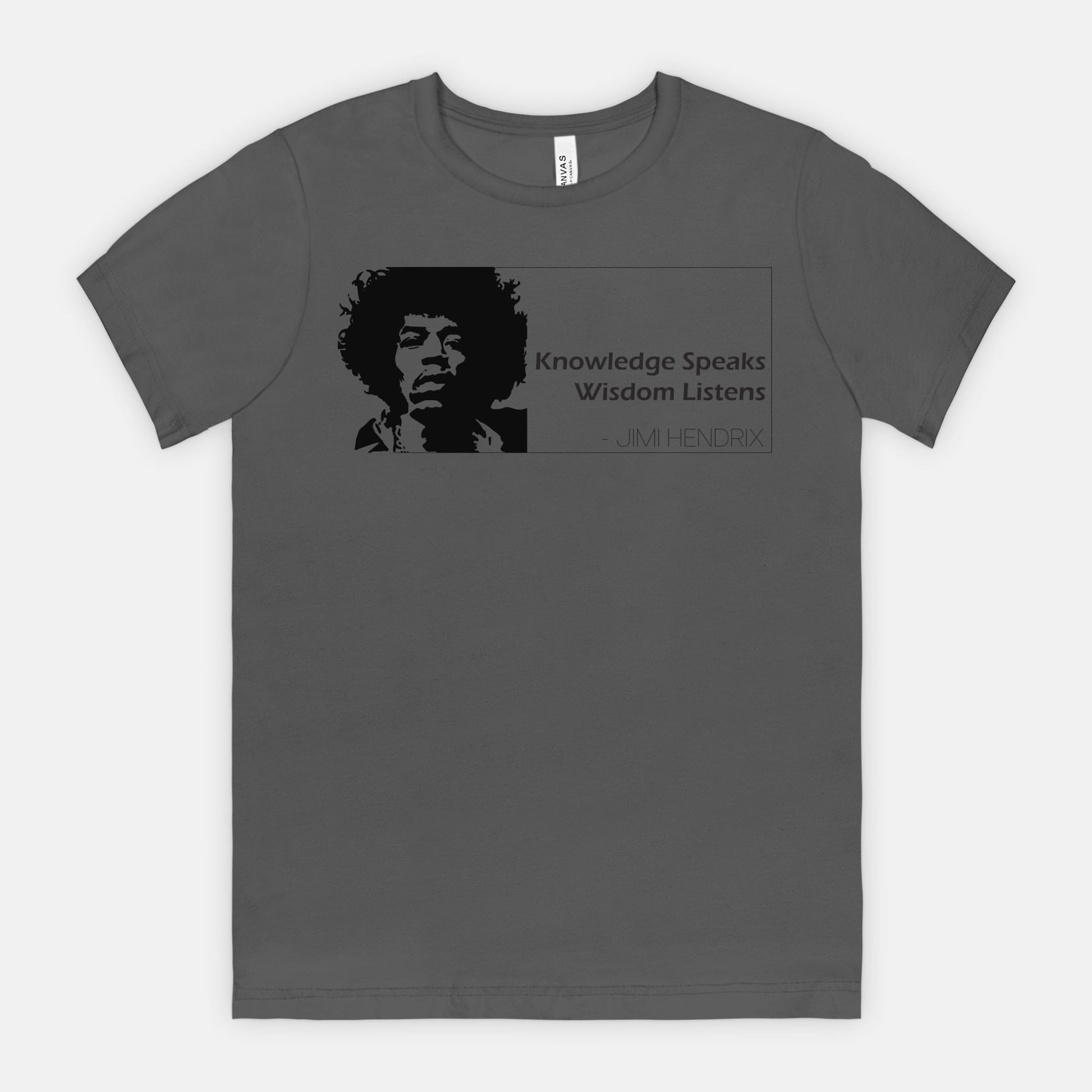 Asphalt Bella Canvas 3001 T-shirt featuring a graphic of Jimi Hendrix and the quote ‘Knowledge Speaks Wisdom Listens,’ designed by Red Rock Chaos.