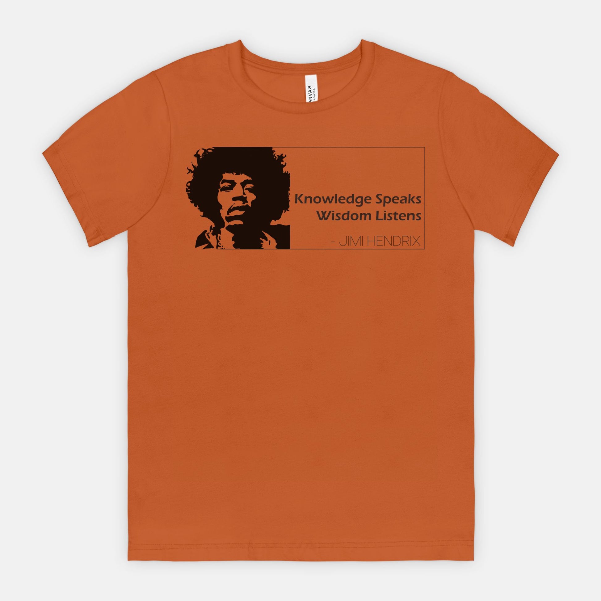 Auburn Bella Canvas 3001 T-shirt featuring a graphic of Jimi Hendrix and the quote ‘Knowledge Speaks Wisdom Listens,’ designed by Red Rock Chaos.