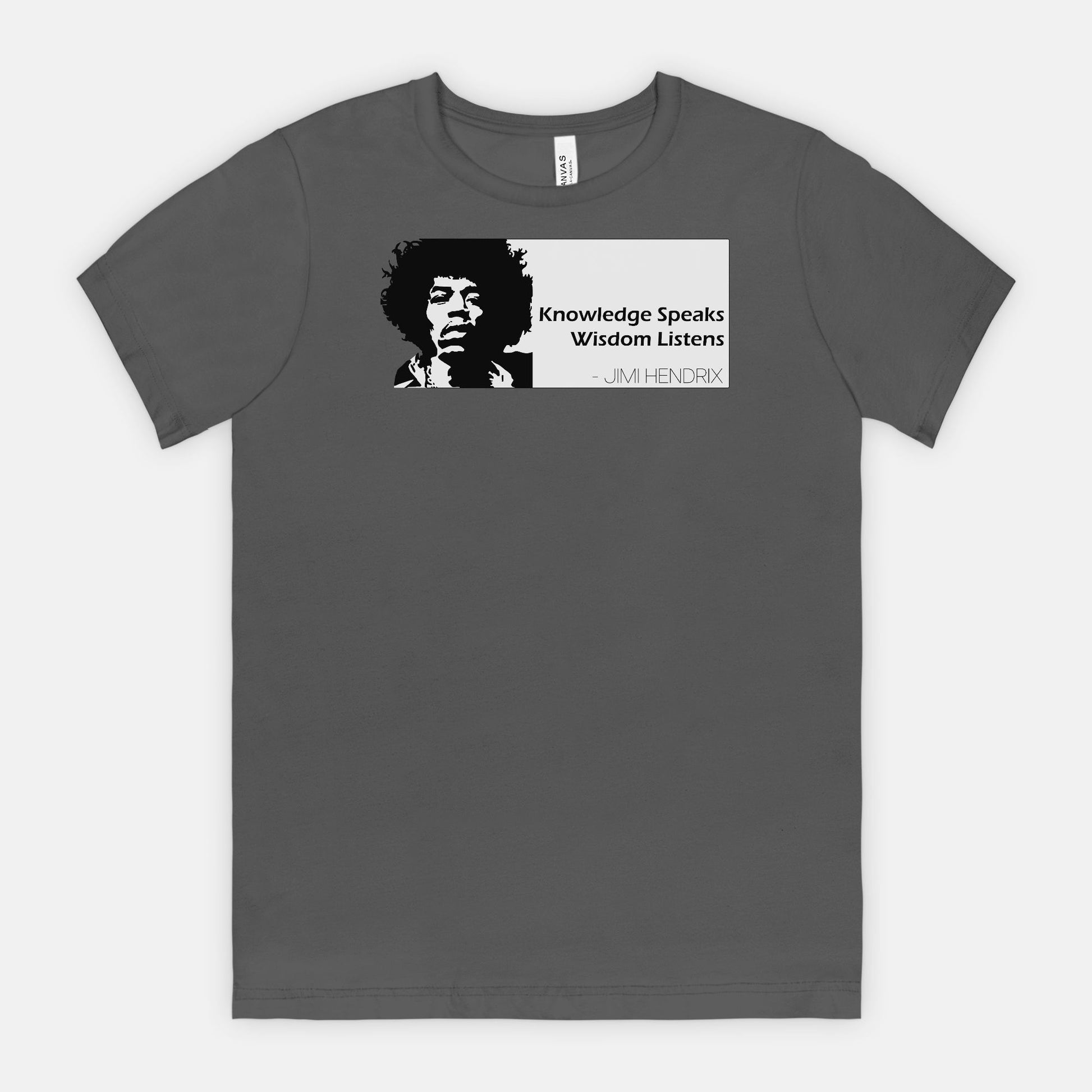 Gray Bella Canvas 3001 T-shirt featuring a graphic of Jimi Hendrix and the quote “Knowledge Speaks Wisdom Listens,” designed by Red Rock Chaos.