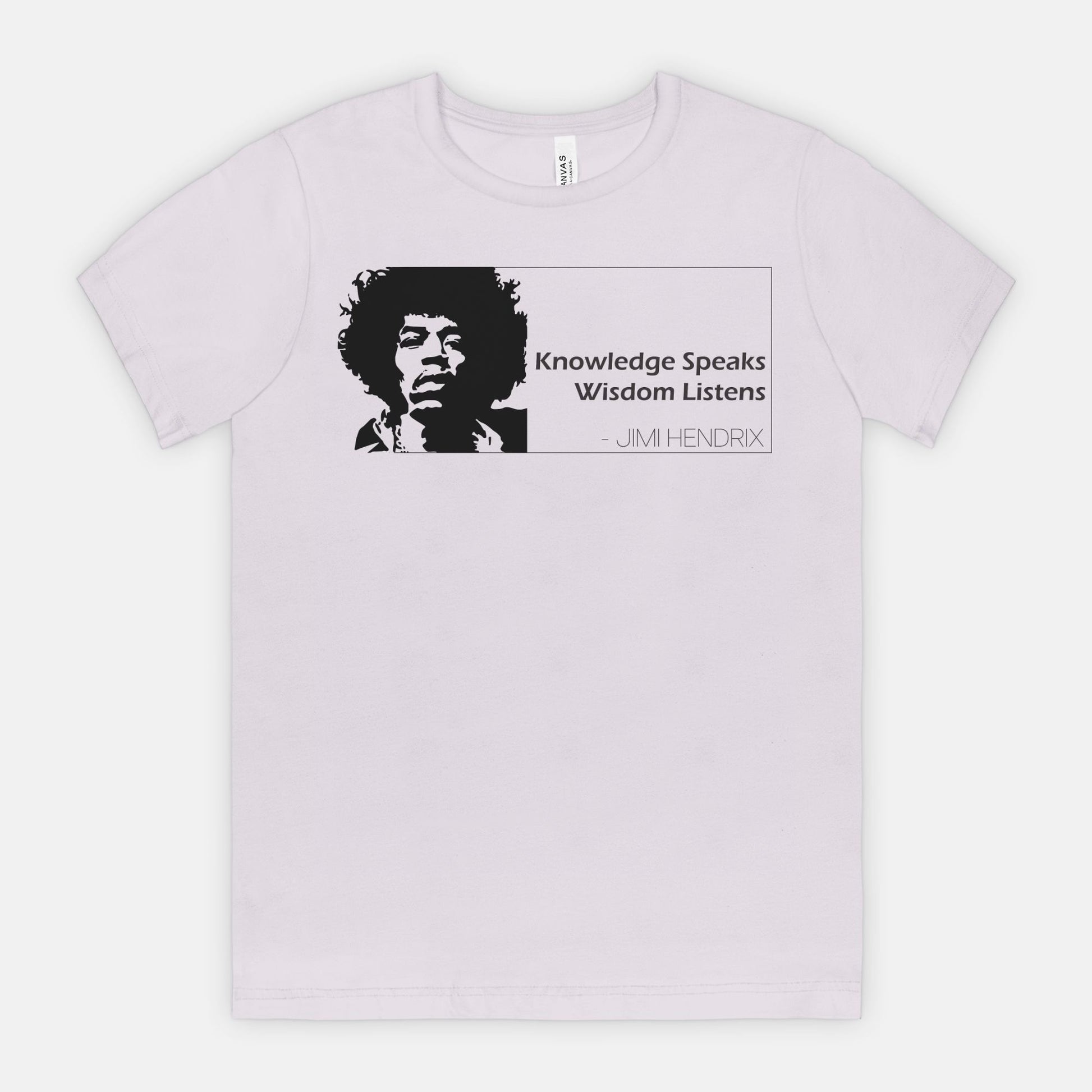Lavender Dust Bella Canvas 3001 T-shirt featuring a graphic of Jimi Hendrix and the quote ‘Knowledge Speaks Wisdom Listens,’ designed by Red Rock Chaos.