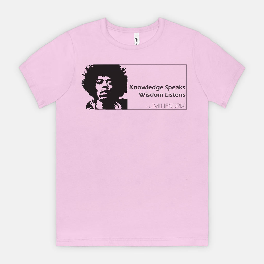 Lilac Bella Canvas 3001 T-shirt featuring a graphic of Jimi Hendrix and the quote ‘Knowledge Speaks Wisdom Listens,’ designed by Red Rock Chaos.