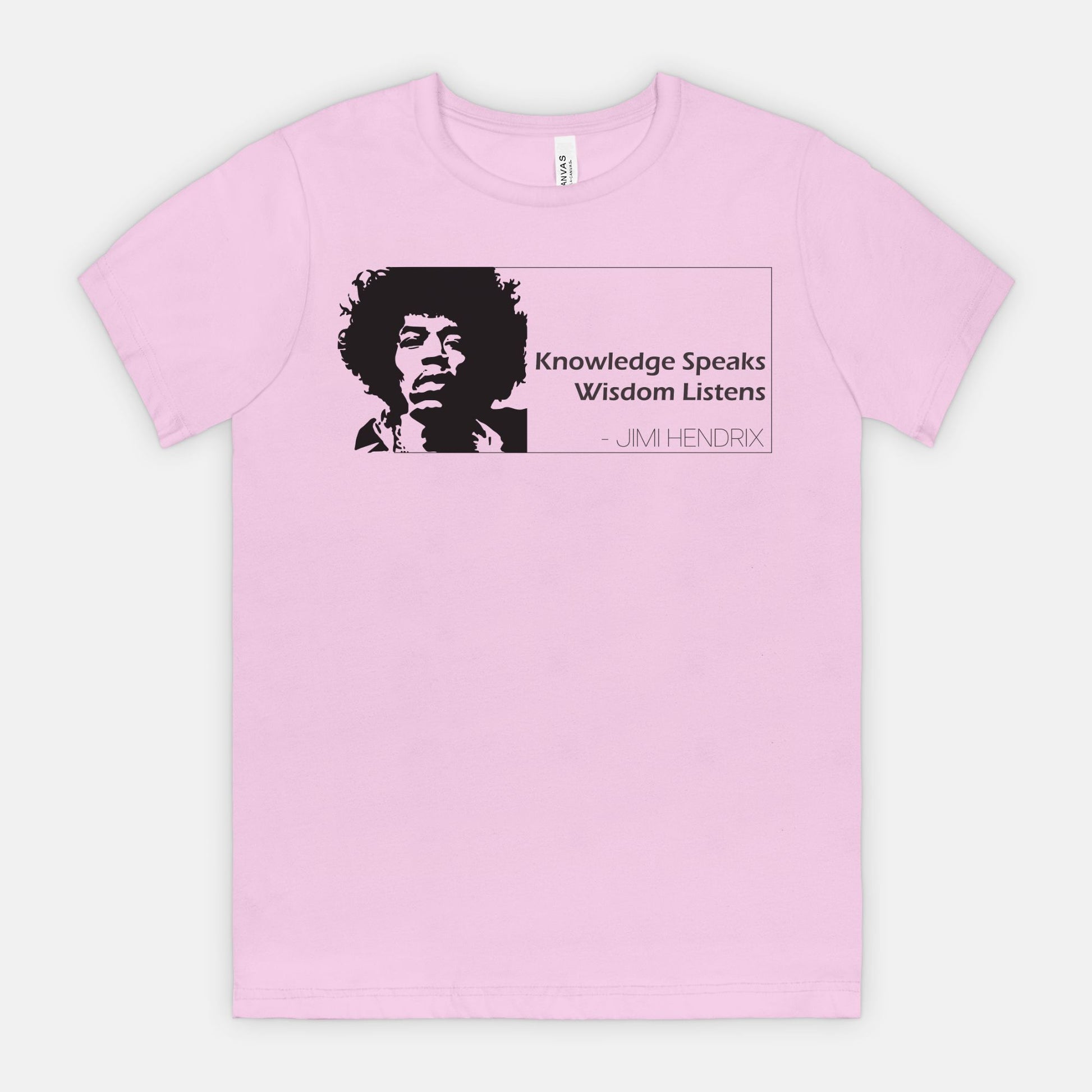 Lilac Bella Canvas 3001 T-shirt featuring a graphic of Jimi Hendrix and the quote ‘Knowledge Speaks Wisdom Listens,’ designed by Red Rock Chaos.