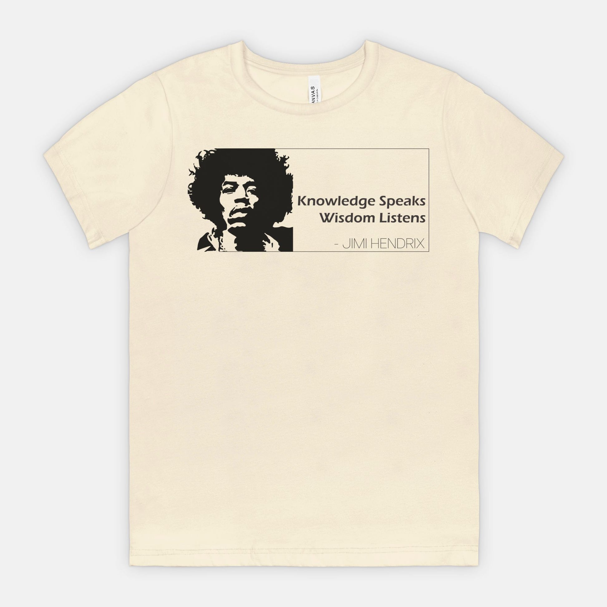 Natural Bella Canvas 3001 T-shirt featuring a graphic of Jimi Hendrix and the quote ‘Knowledge Speaks Wisdom Listens,’ designed by Red Rock Chaos.