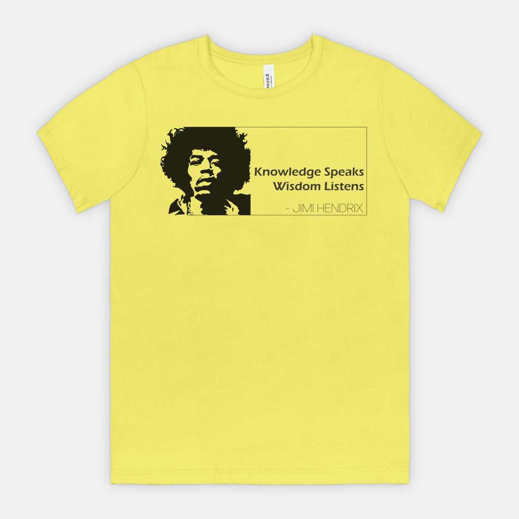Strobe Bella Canvas 3001 T-shirt featuring a graphic of Jimi Hendrix and the quote ‘Knowledge Speaks Wisdom Listens,’ designed by Red Rock Chaos.