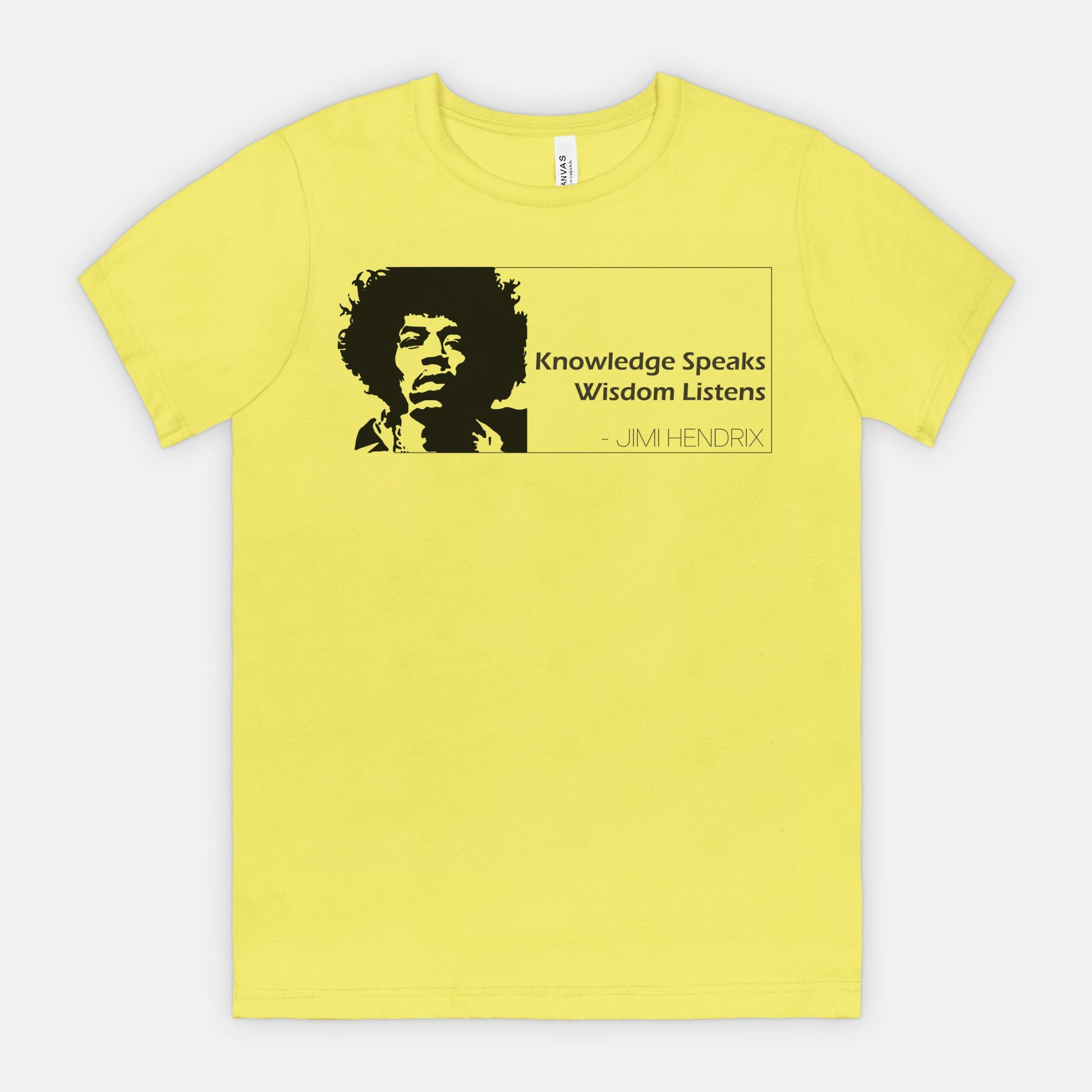 Strobe Bella Canvas 3001 T-shirt featuring a graphic of Jimi Hendrix and the quote ‘Knowledge Speaks Wisdom Listens,’ designed by Red Rock Chaos.