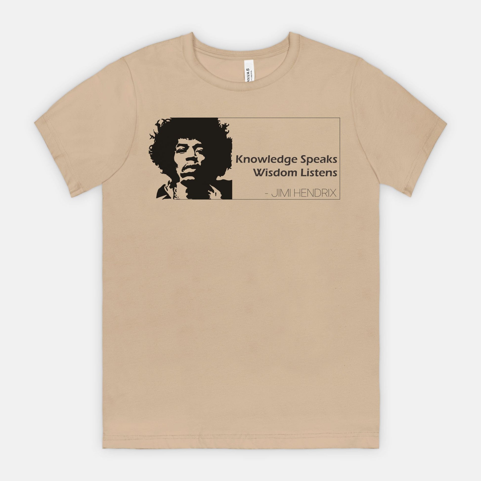 Tan Bella Canvas 3001 T-shirt featuring a graphic of Jimi Hendrix and the quote ‘Knowledge Speaks Wisdom Listens,’ designed by Red Rock Chaos.