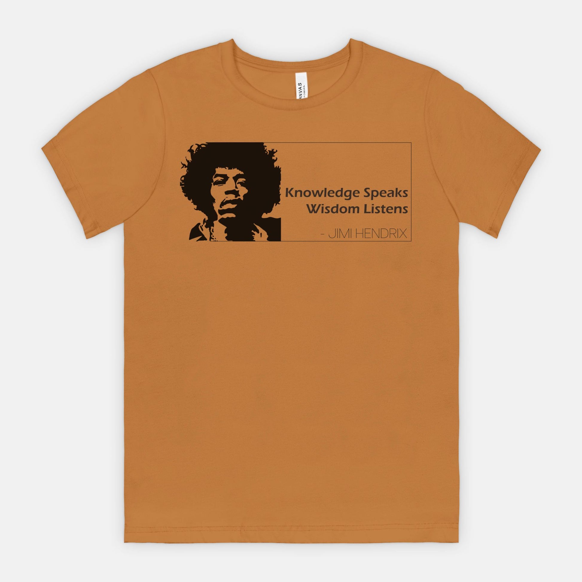 Toast Bella Canvas 3001 T-shirt featuring a graphic of Jimi Hendrix and the quote ‘Knowledge Speaks Wisdom Listens,’ designed by Red Rock Chaos.
