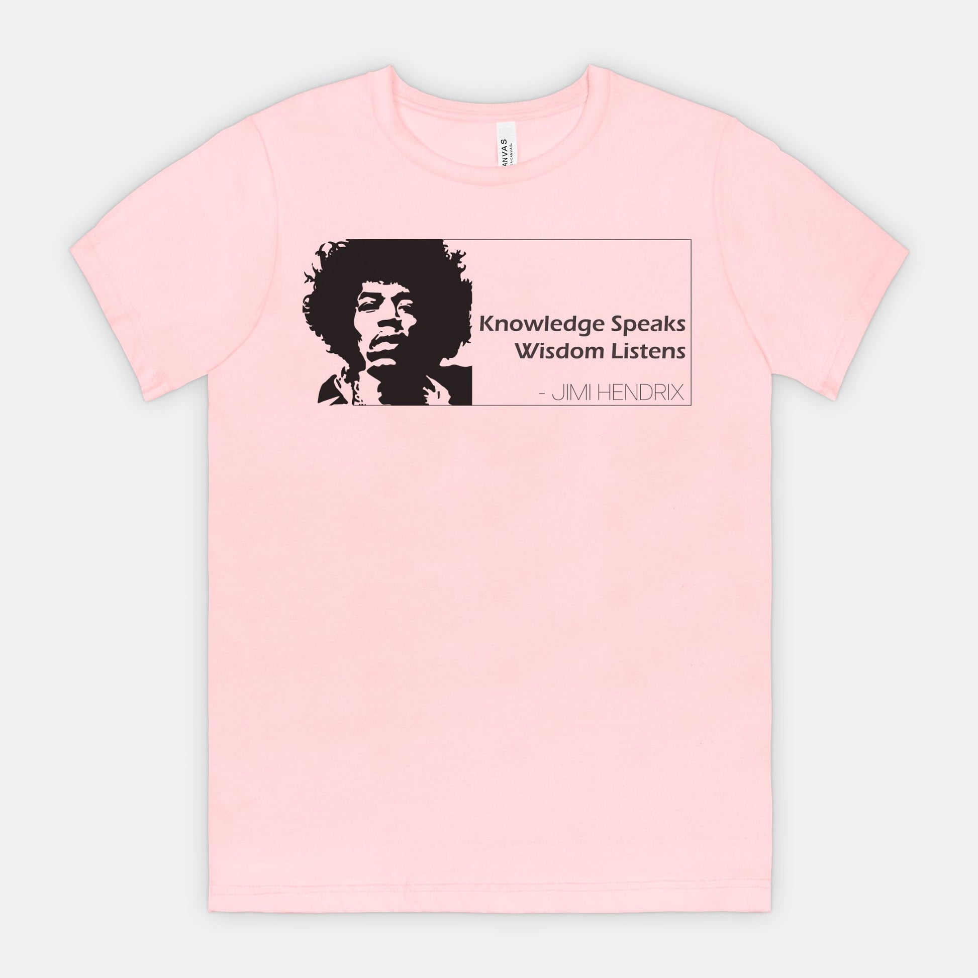 Pink Bella Canvas 3001 T-shirt featuring a graphic of Jimi Hendrix and the quote ‘Knowledge Speaks Wisdom Listens,’ designed by Red Rock Chaos.
