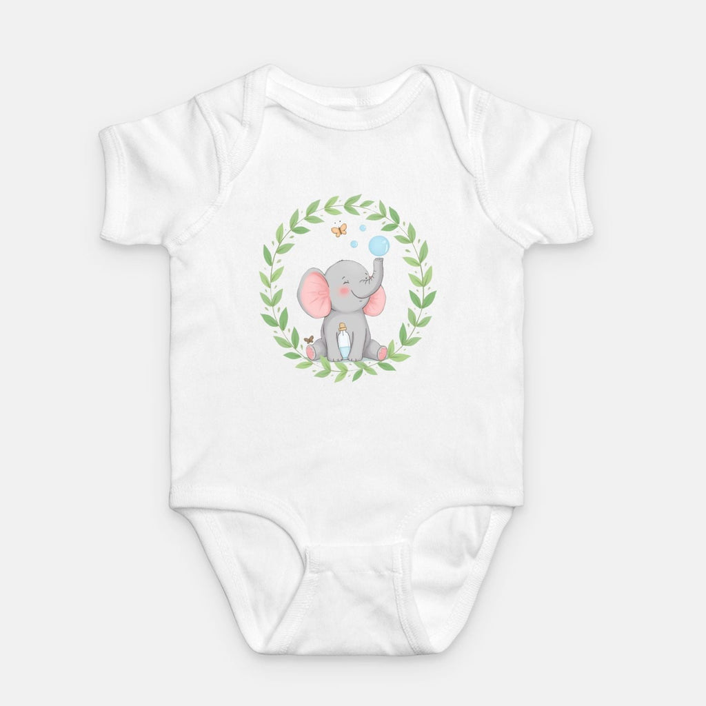 Little Chaos Crew elephant sitting with eyes closed, blowing bubbles beside a tipped bubble bottle inside green leafy wreath, minimalist baby white onesie design.