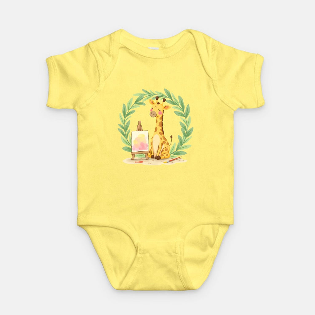 Little Chaos Crew giraffe sitting with eyes closed beside an easel and paintbrush inside green leafy wreath, minimalist baby butter onesie design.