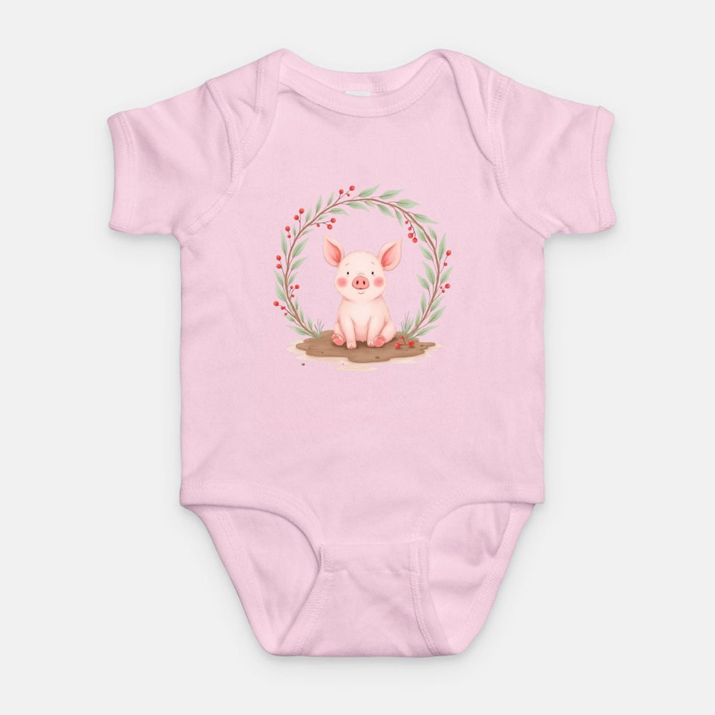 Little Chaos Crew piglet sitting in a mud puddle with eyes closed inside green leafy wreath, minimalist baby pink onesie design.