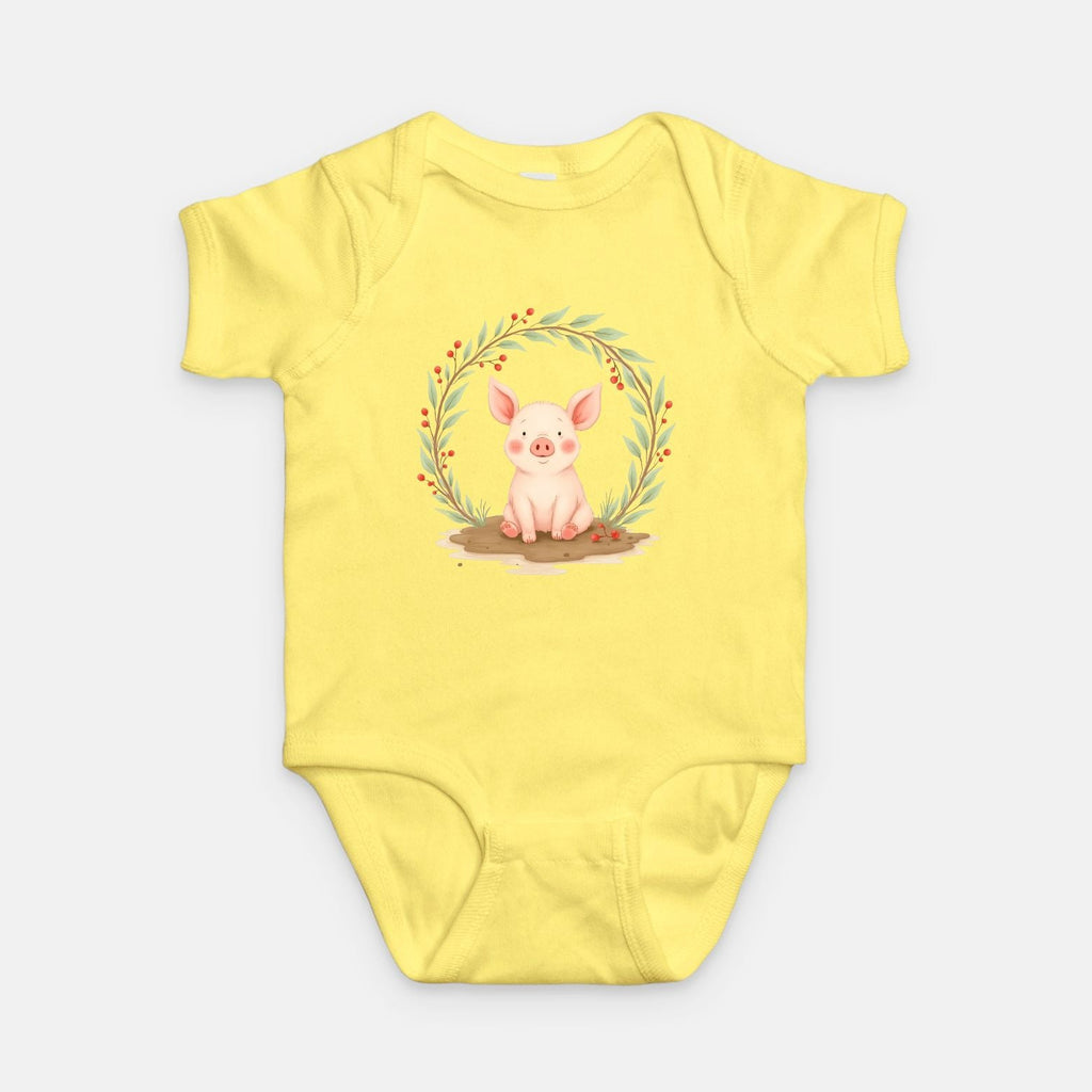 Little Chaos Crew piglet sitting in a mud puddle with eyes closed inside green leafy wreath, minimalist baby yellow onesie design.