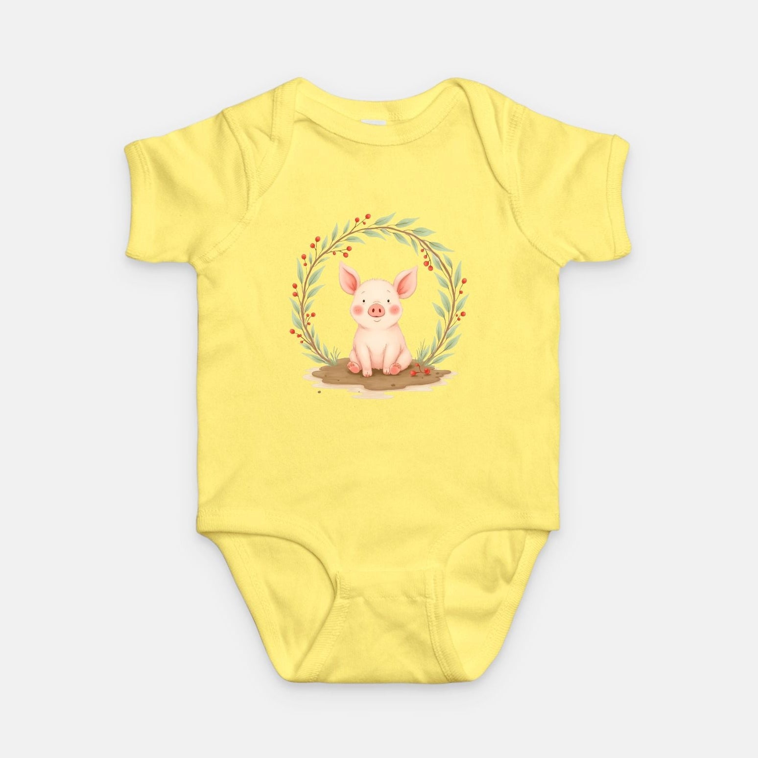 Little Chaos Crew piglet sitting in a mud puddle with eyes closed inside green leafy wreath, minimalist baby yellow onesie design.