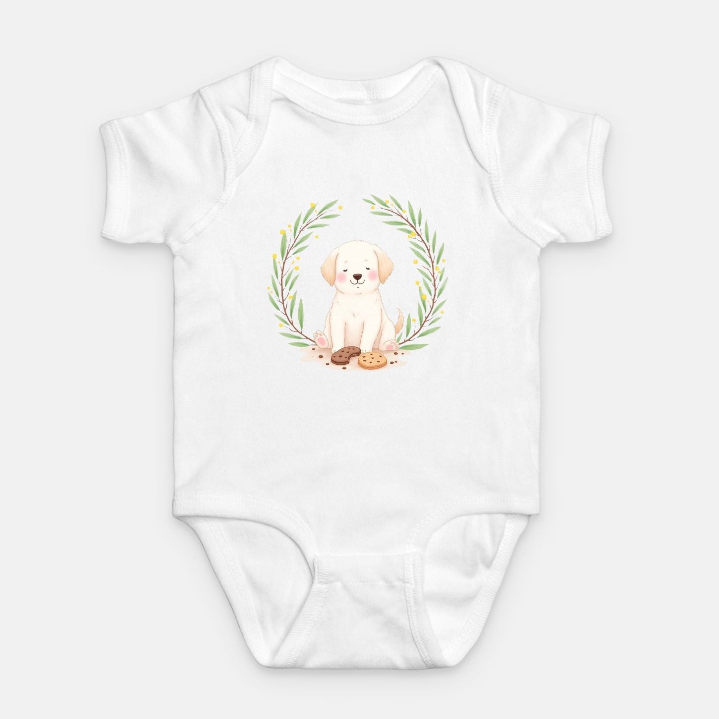 Little Chaos Crew puppy sitting with eyes closed surrounded by cookies and crumbs inside green leafy wreath, minimalist baby white onesie design.