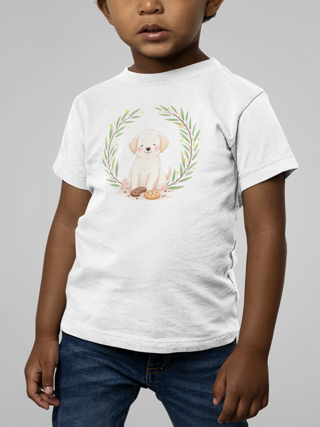 Little Chaos Crew puppy with eyes closed, surrounded by cookies and crumbs inside a green leafy wreath, minimalist toddler shirt design.