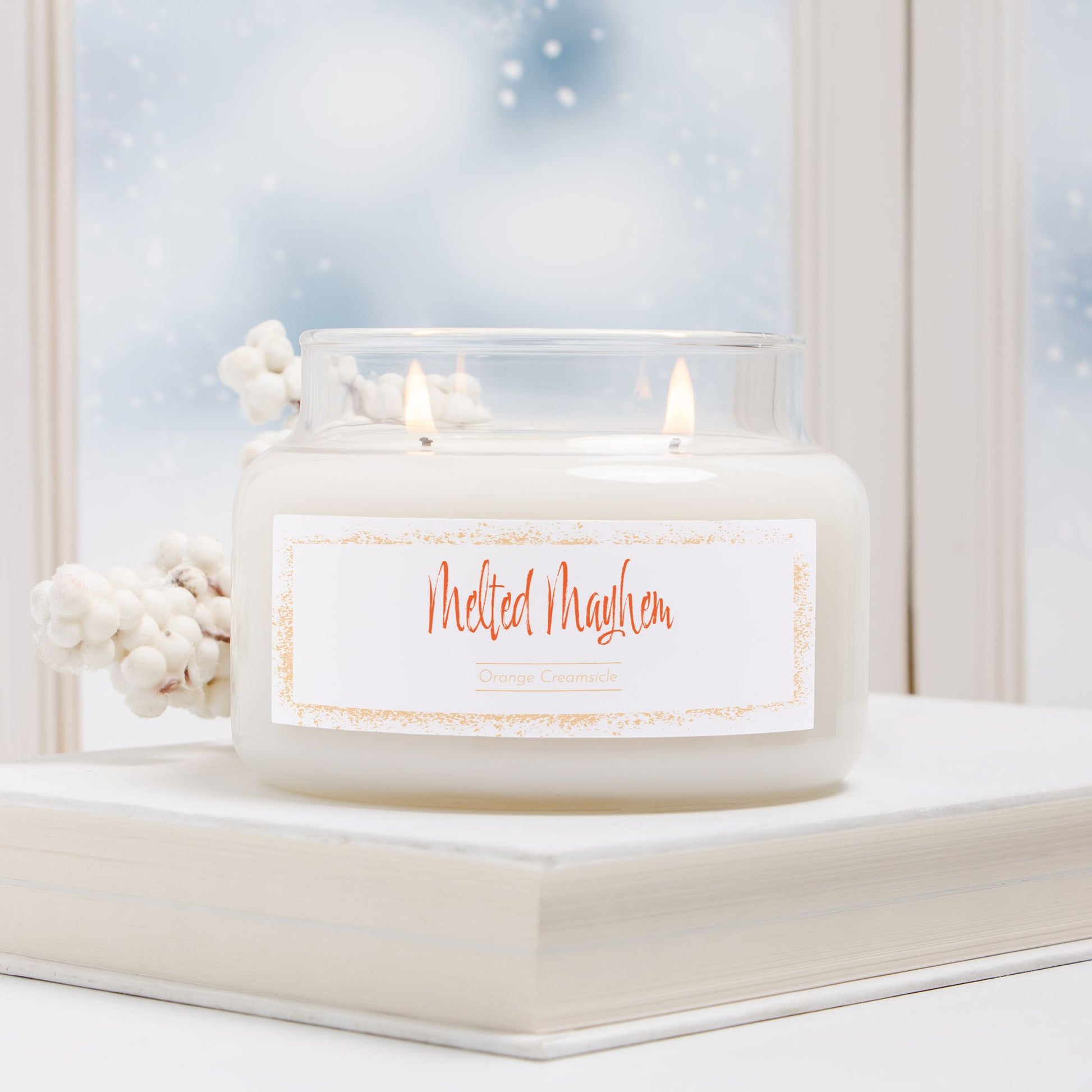 Orange creamsicle soy candle, 50-hour burn. Hand-poured USA chaos candle in glass jar with gold lid, designed by Red Rock Chaos.