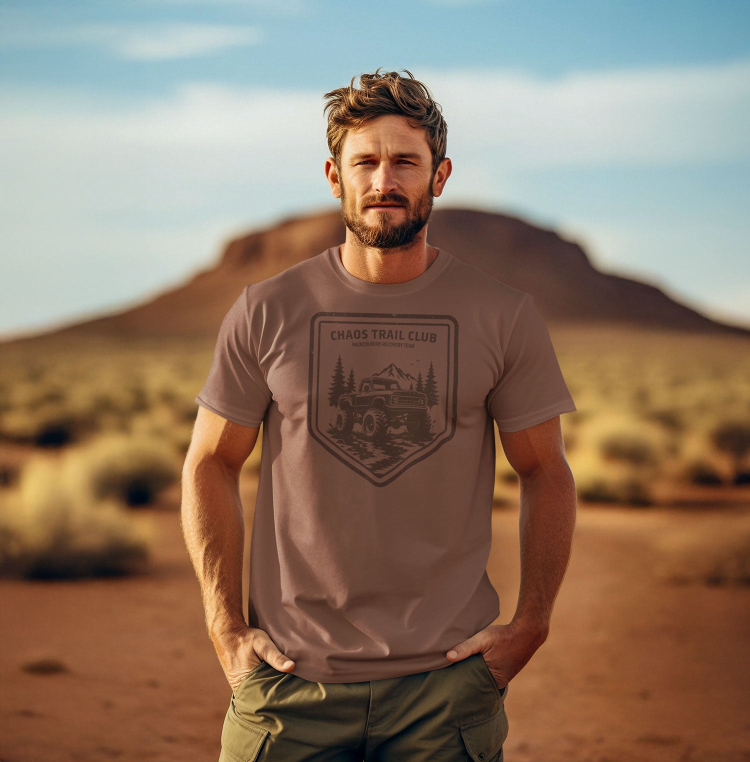 red-rock-chaos-vintage-monster-truck-offroad-shirt-Model-desert-chestnut