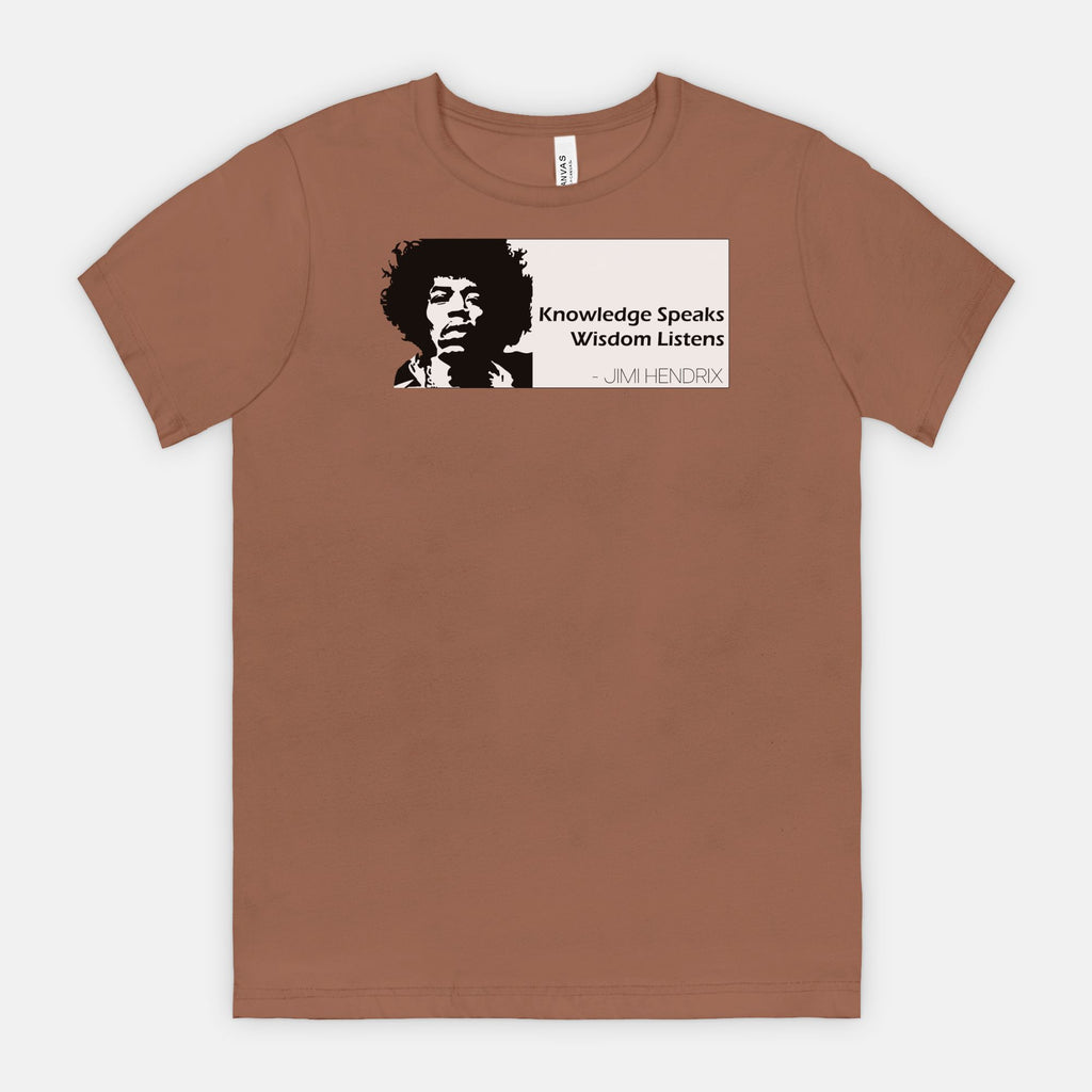 Chestnut Bella Canvas 3001 T-shirt featuring a graphic of Jimi Hendrix and the white quote box that says “Knowledge Speaks Wisdom Listens,” designed by Red Rock Chaos.