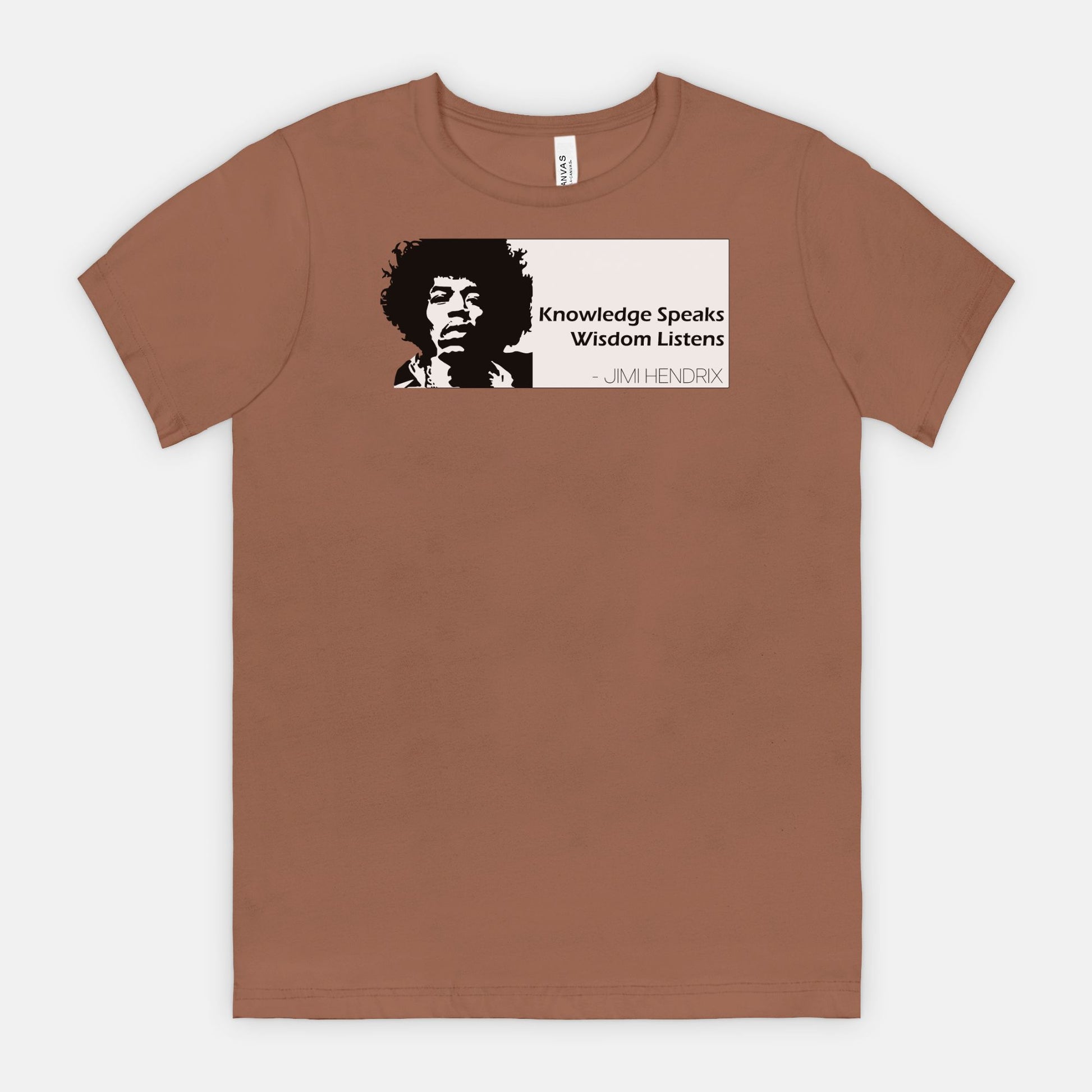 Chestnut Bella Canvas 3001 T-shirt featuring a graphic of Jimi Hendrix and the white quote box that says “Knowledge Speaks Wisdom Listens,” designed by Red Rock Chaos.