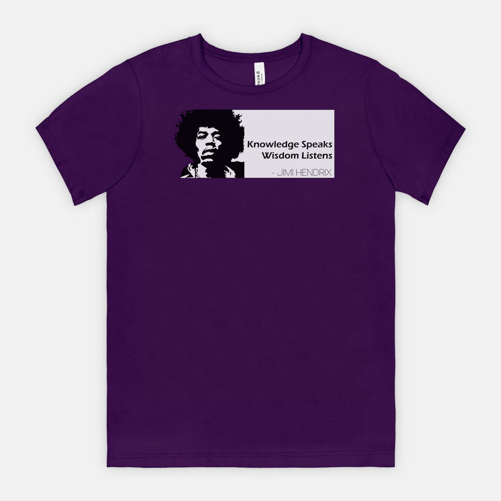 Purple Bella Canvas 3001 T-shirt featuring a graphic of Jimi Hendrix and the white quote box that says “Knowledge Speaks Wisdom Listens,” designed by Red Rock Chaos.