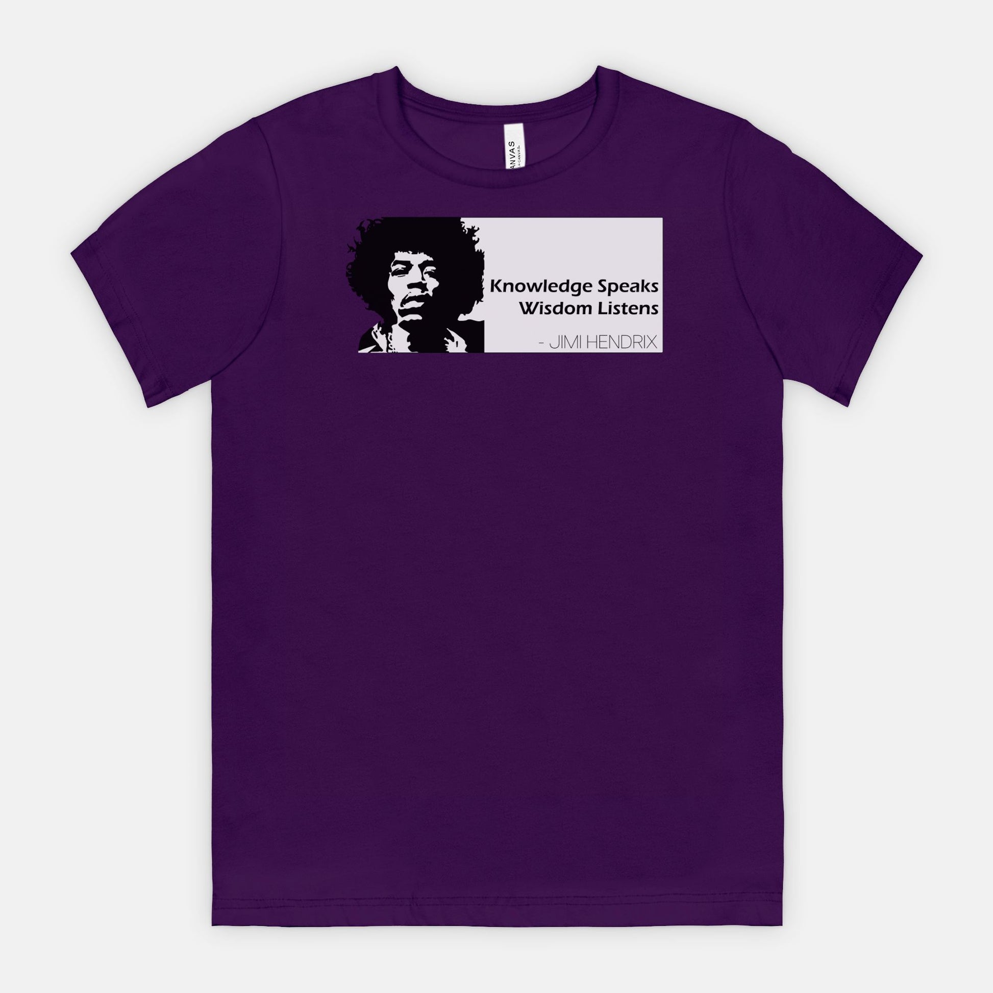 Purple Bella Canvas 3001 T-shirt featuring a graphic of Jimi Hendrix and the white quote box that says “Knowledge Speaks Wisdom Listens,” designed by Red Rock Chaos.