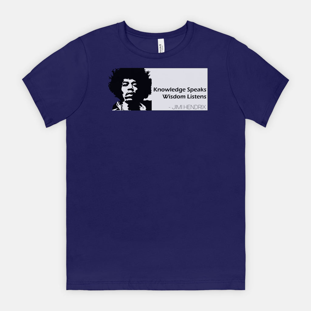 True Navy Bella Canvas 3001 T-shirt featuring a graphic of Jimi Hendrix and the white quote box that says “Knowledge Speaks Wisdom Listens,” designed by Red Rock Chaos.