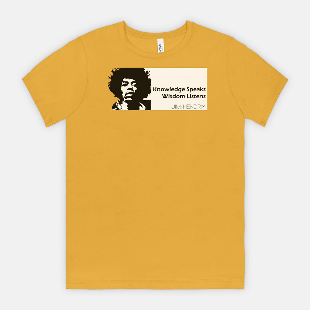 Mustard Bella Canvas 3001 T-shirt featuring a graphic of Jimi Hendrix and the white quote box that says “Knowledge Speaks Wisdom Listens,” designed by Red Rock Chaos.