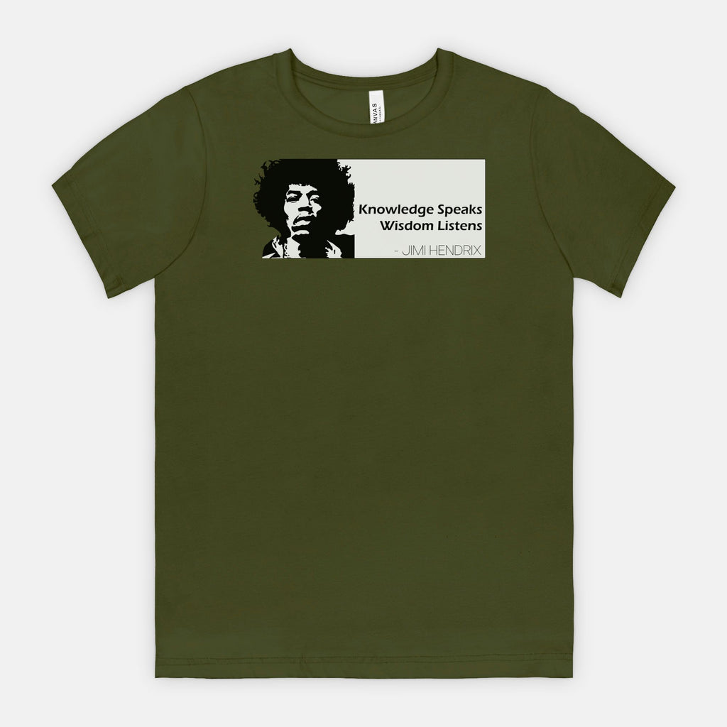 Olive Bella Canvas 3001 T-shirt featuring a graphic of Jimi Hendrix and the quote “Knowledge Speaks Wisdom Listens,” designed by Red Rock Chaos.