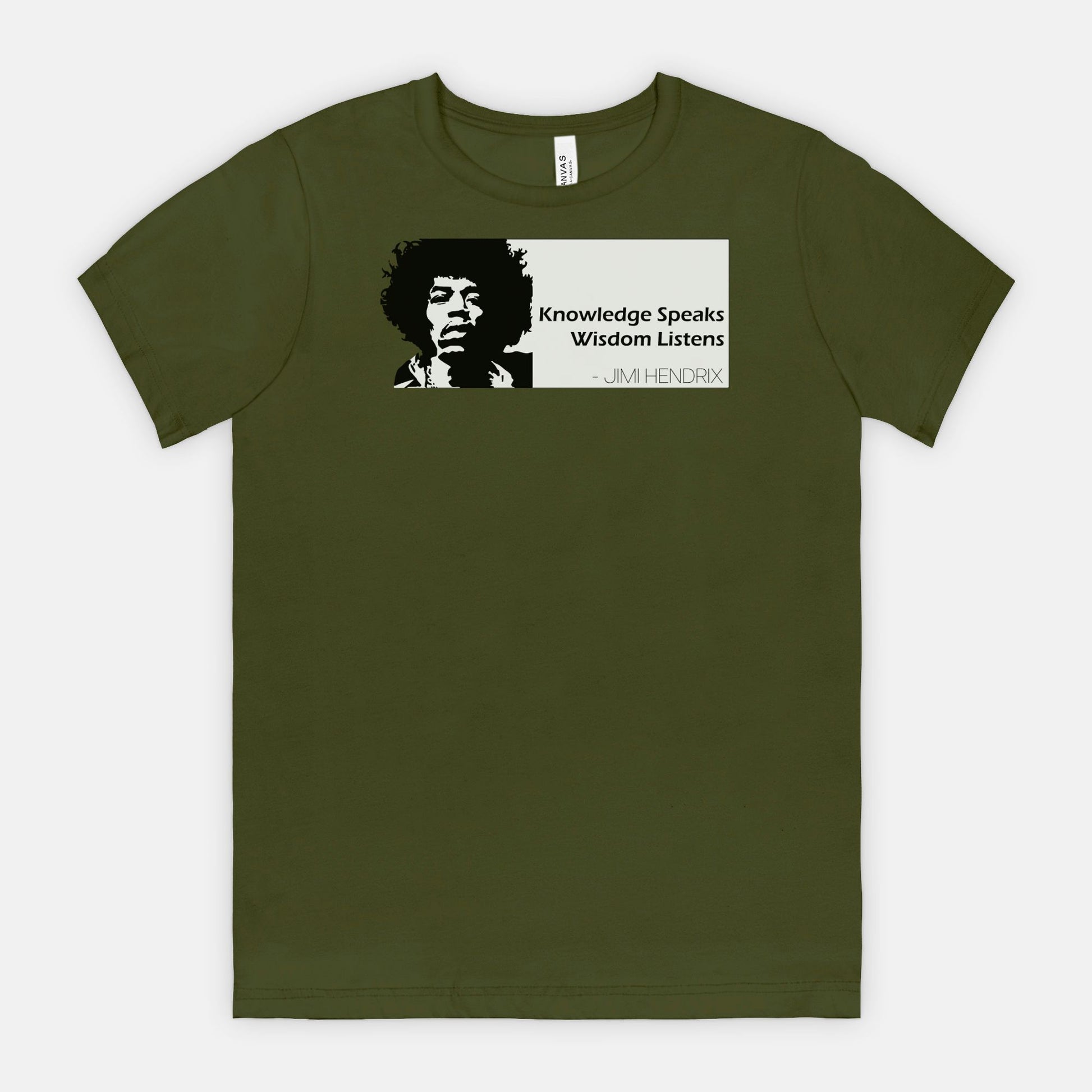 Olive Bella Canvas 3001 T-shirt featuring a graphic of Jimi Hendrix and the quote “Knowledge Speaks Wisdom Listens,” designed by Red Rock Chaos.
