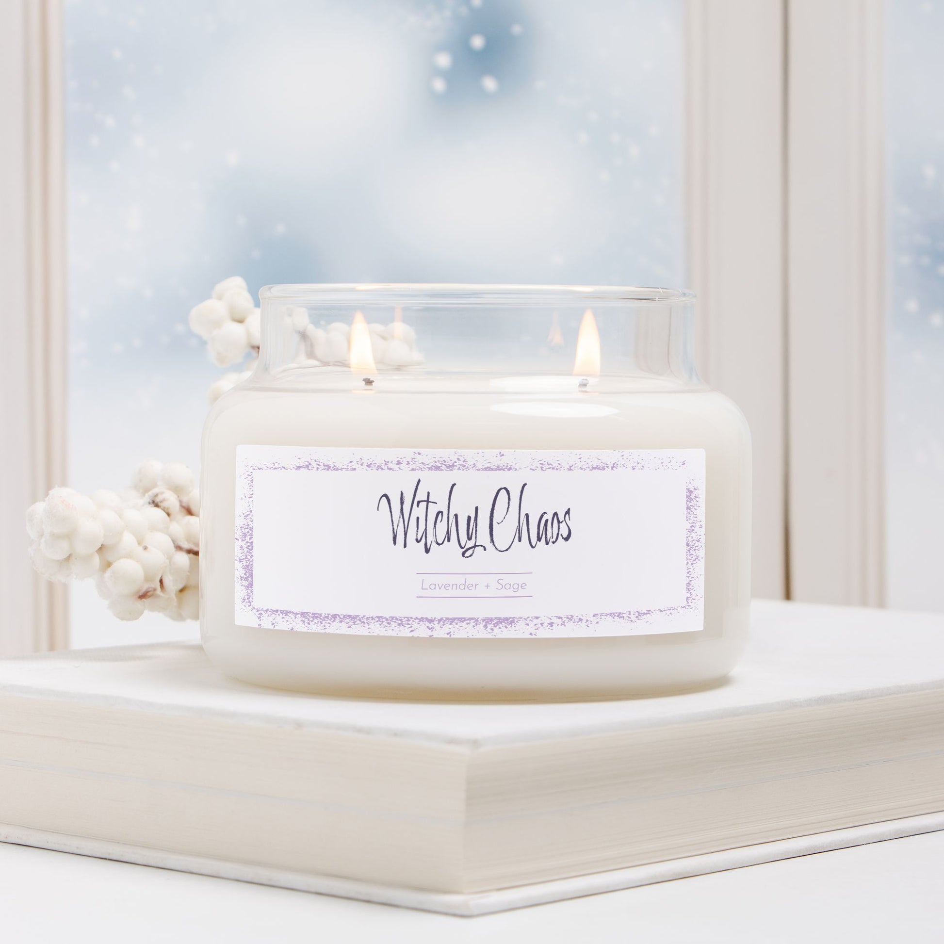 Witchy Chaos – lavender-sage soy candle, 50-hour burn. Hand-poured USA chaos candle in glass jar with gold lid, designed by Red Rock Chaos.