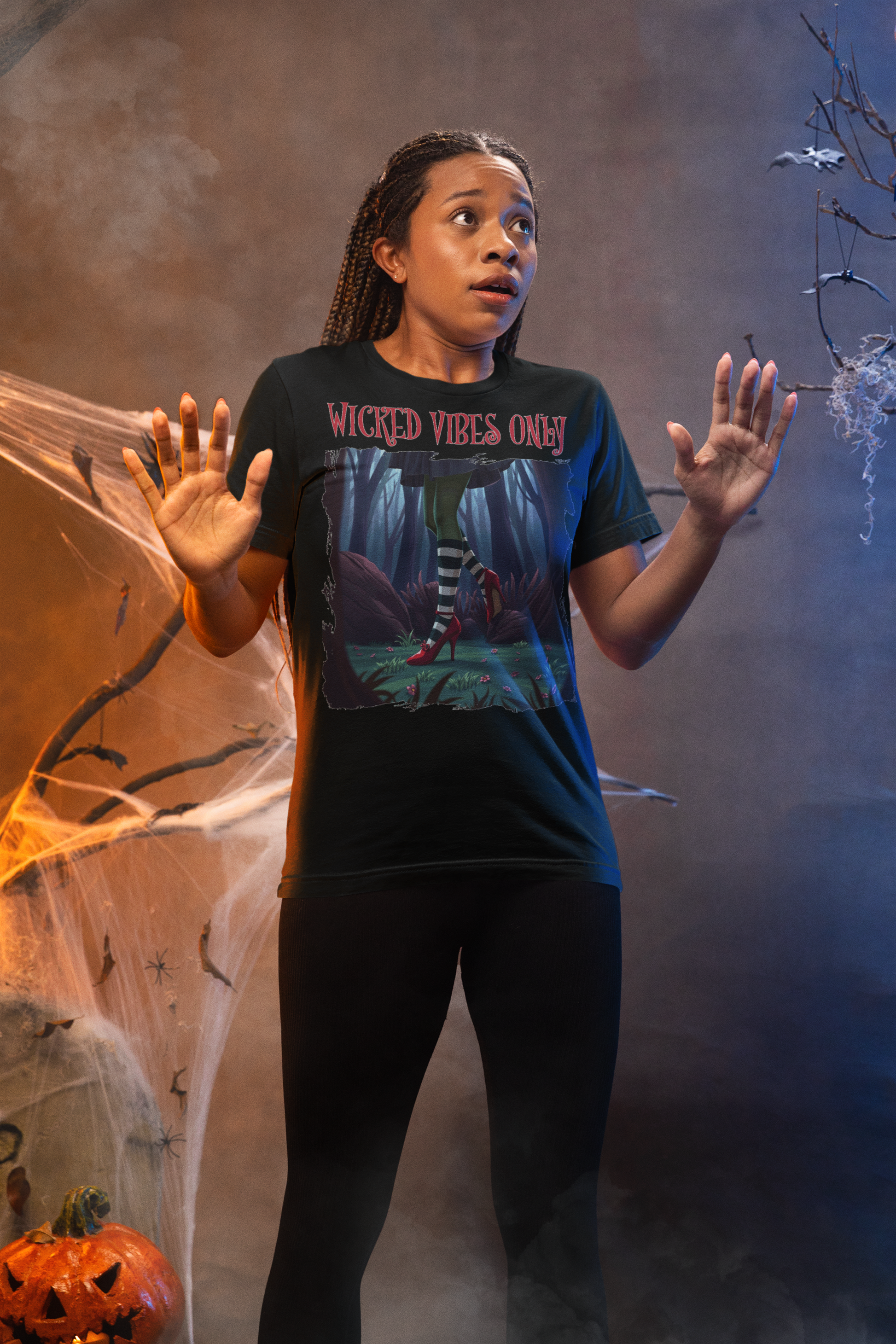 Wicked Vibes Only Witch Shirt – Striped Stockings & Ruby Heels Halloween Tee
